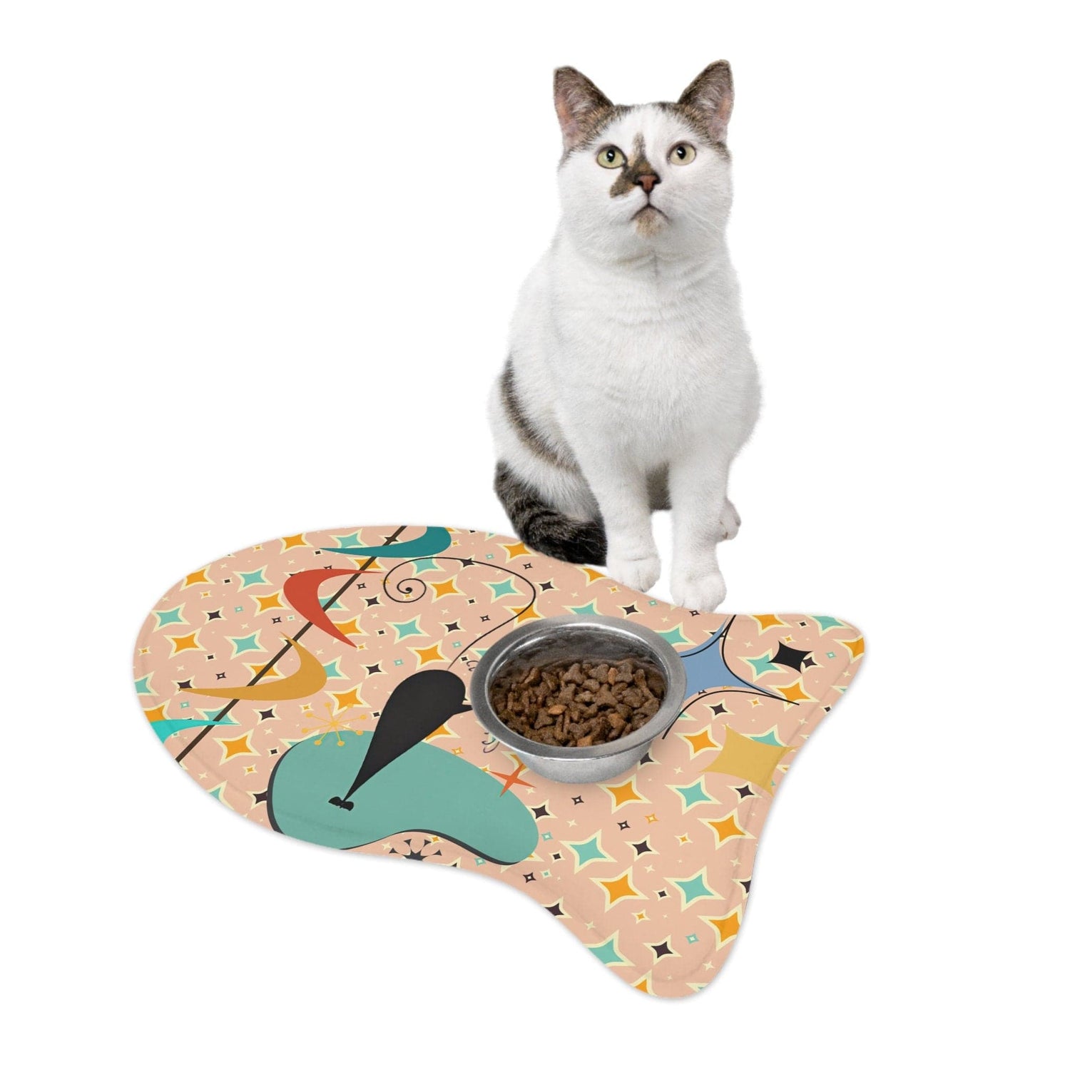 Kate McEnroe New York Mid Century Modern Atomic Kitschy Cat Fish Shaped Pet Feeding Mats, Retro Starburst Non - Slip, Highly Absorbent Pads - 128181923Pet Feeding Mats17105261926290824387