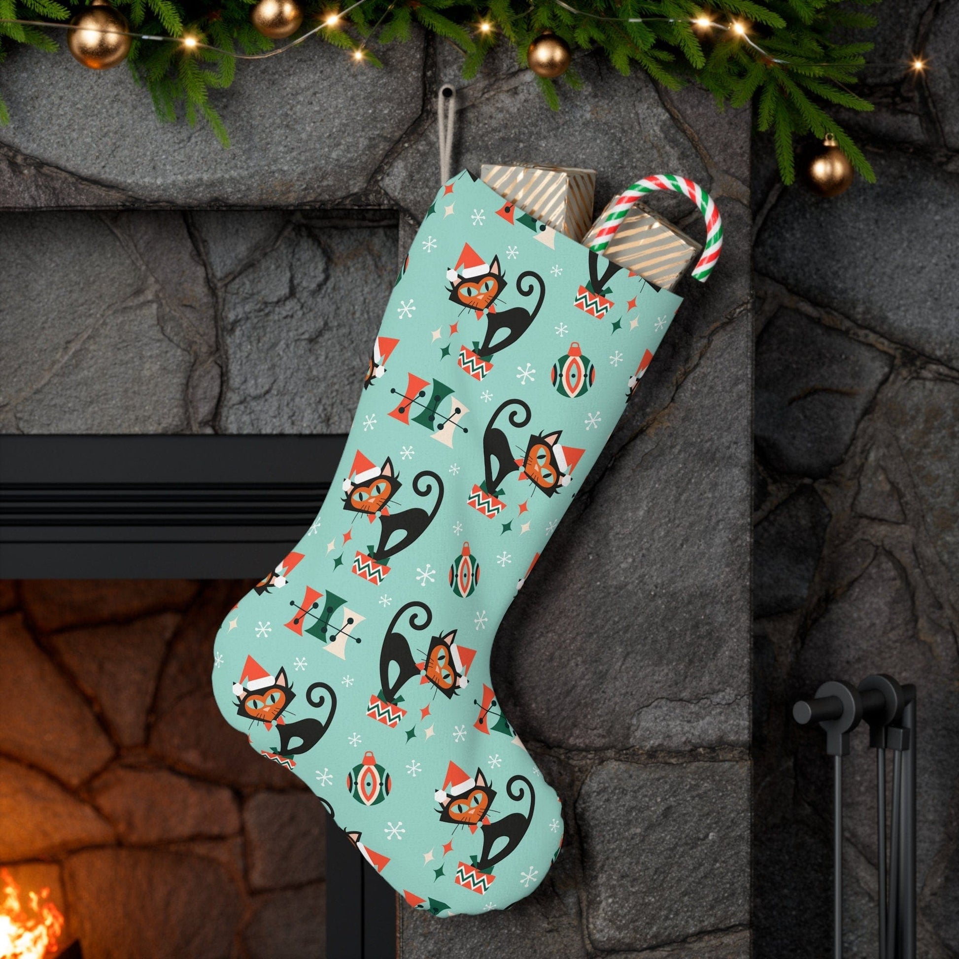 Kate McEnroe New York Mid Century Modern Atomic Kitschy Cat Santa Stocking, 50s Vintage Christmas Stockings, Retro Holiday Decor Holiday Stockings 21180511838172915683