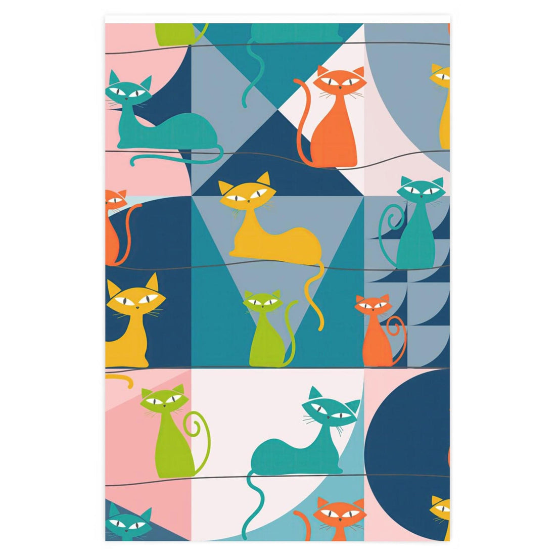 Printify Mid Century Modern Atomic Kitschy Cat Wrapping Paper, Retro Teal, Pink, Orange, Yellow Geometric Gift Wrap Home Decor 24&quot; × 36&quot; 79041593271239674685