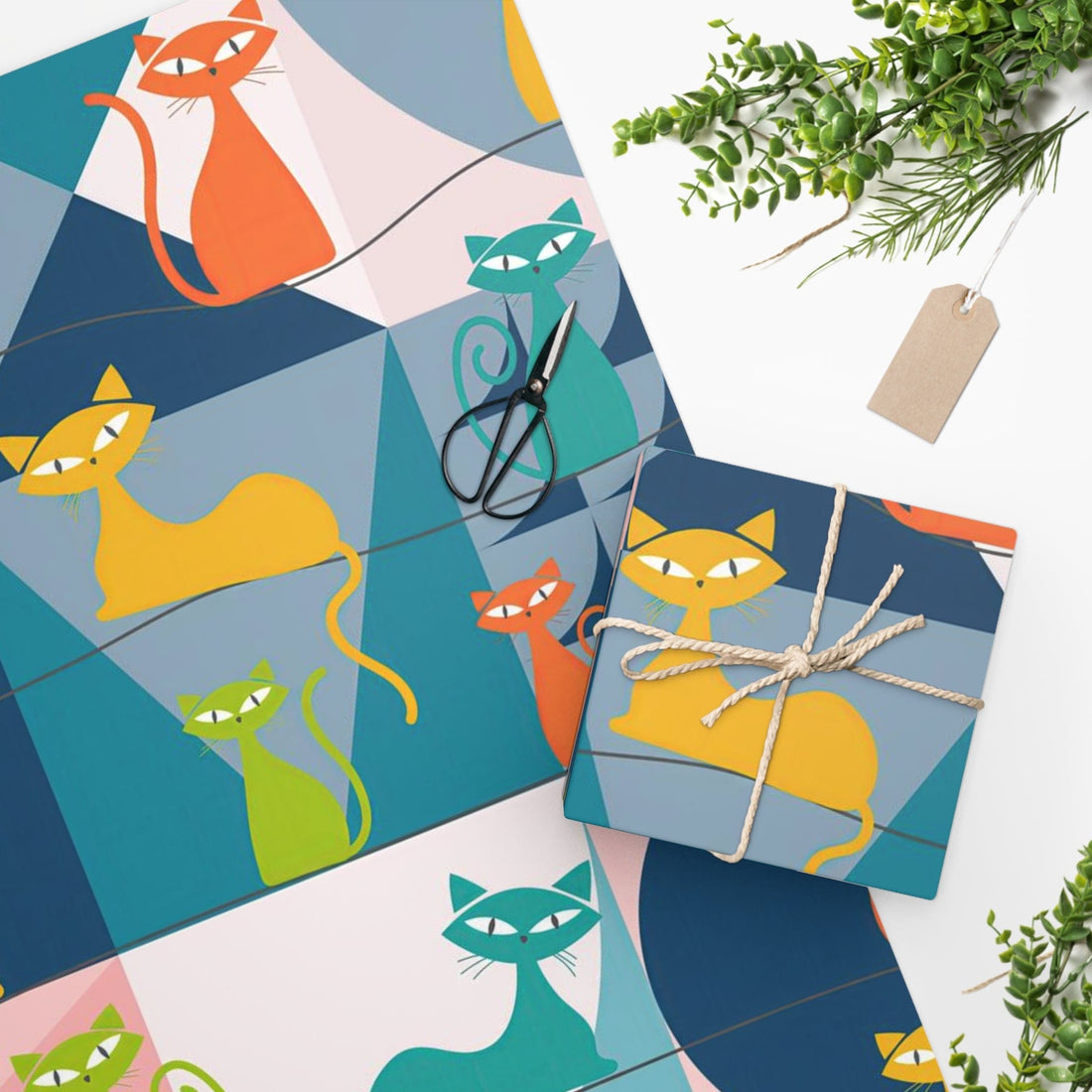 Printify Mid Century Modern Atomic Kitschy Cat Wrapping Paper, Retro Teal, Pink, Orange, Yellow Geometric Gift Wrap Home Decor