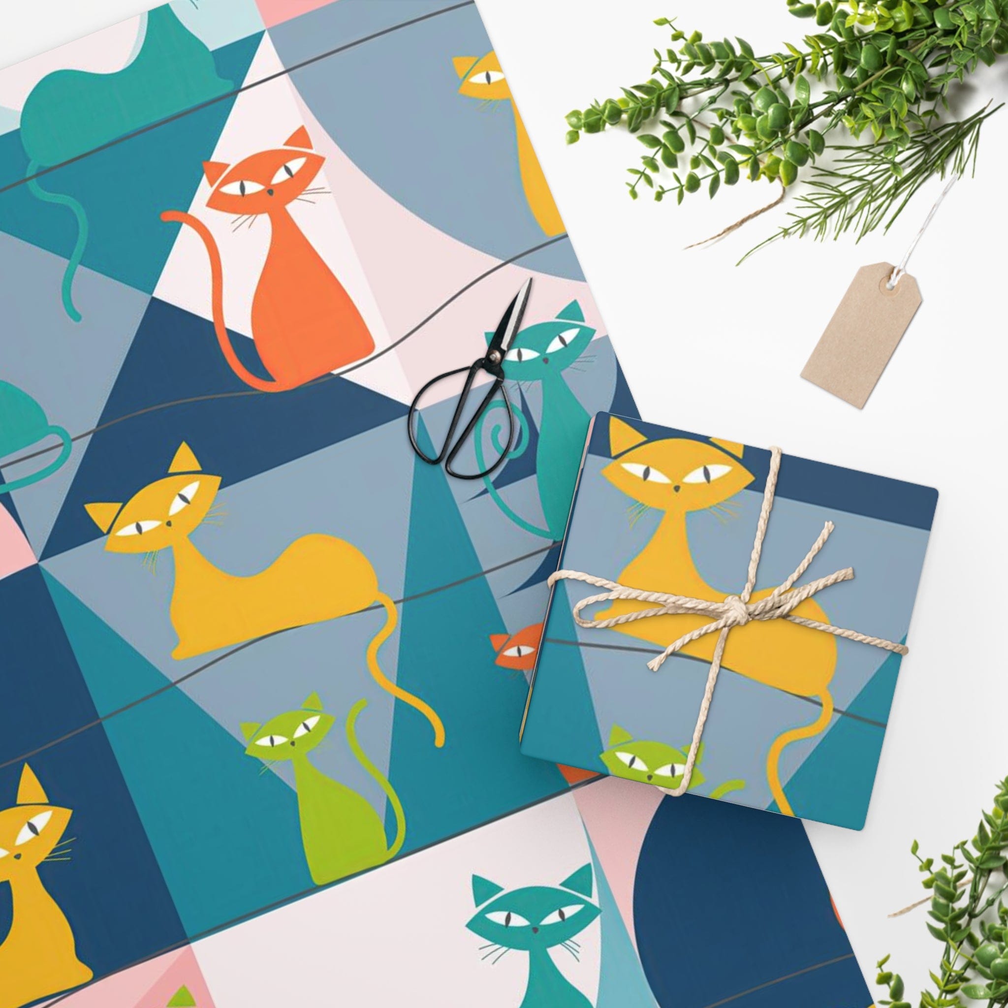 Kate McEnroe New York Mid Century Modern Atomic Kitschy Cat Wrapping Paper, Retro Teal, Pink, Orange, Yellow Geometric Gift WrapWrapping Paper79041593271239674685