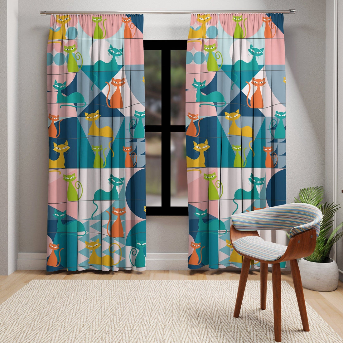 Mid Century Modern Atomic Kitschy Cats Window Curtain in Geometric Retro Teal, Pink, Orange, and Yellow, Sheer &amp; Blackout MCM Window Panels