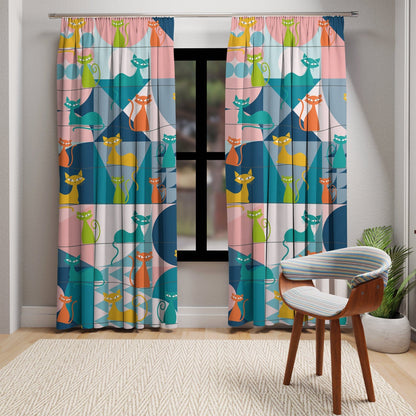 Mid Century Modern Atomic Kitschy Cats Window Curtain in Geometric Retro Teal, Pink, Orange, and Yellow, Sheer & Blackout MCM Window Panels