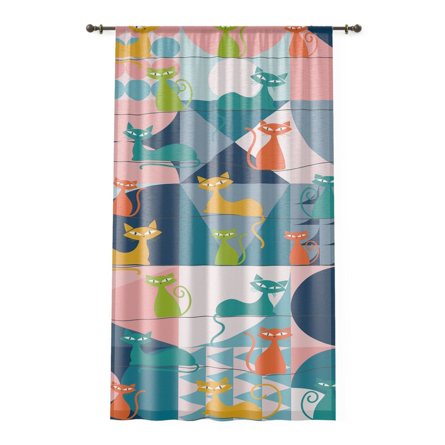 Mid Century Modern Atomic Kitschy Cats Window Curtain in Geometric Retro Teal, Pink, Orange, and Yellow, Sheer & Blackout MCM Window Panels