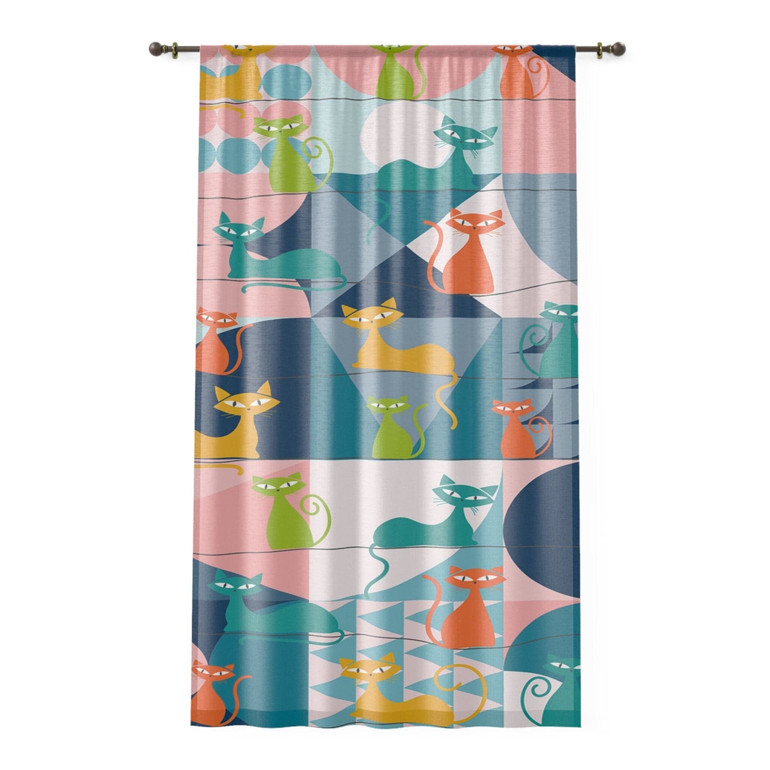 Mid Century Modern Atomic Kitschy Cats Window Curtain in Geometric Retro Teal, Pink, Orange, and Yellow, Sheer &amp; Blackout MCM Window Panels