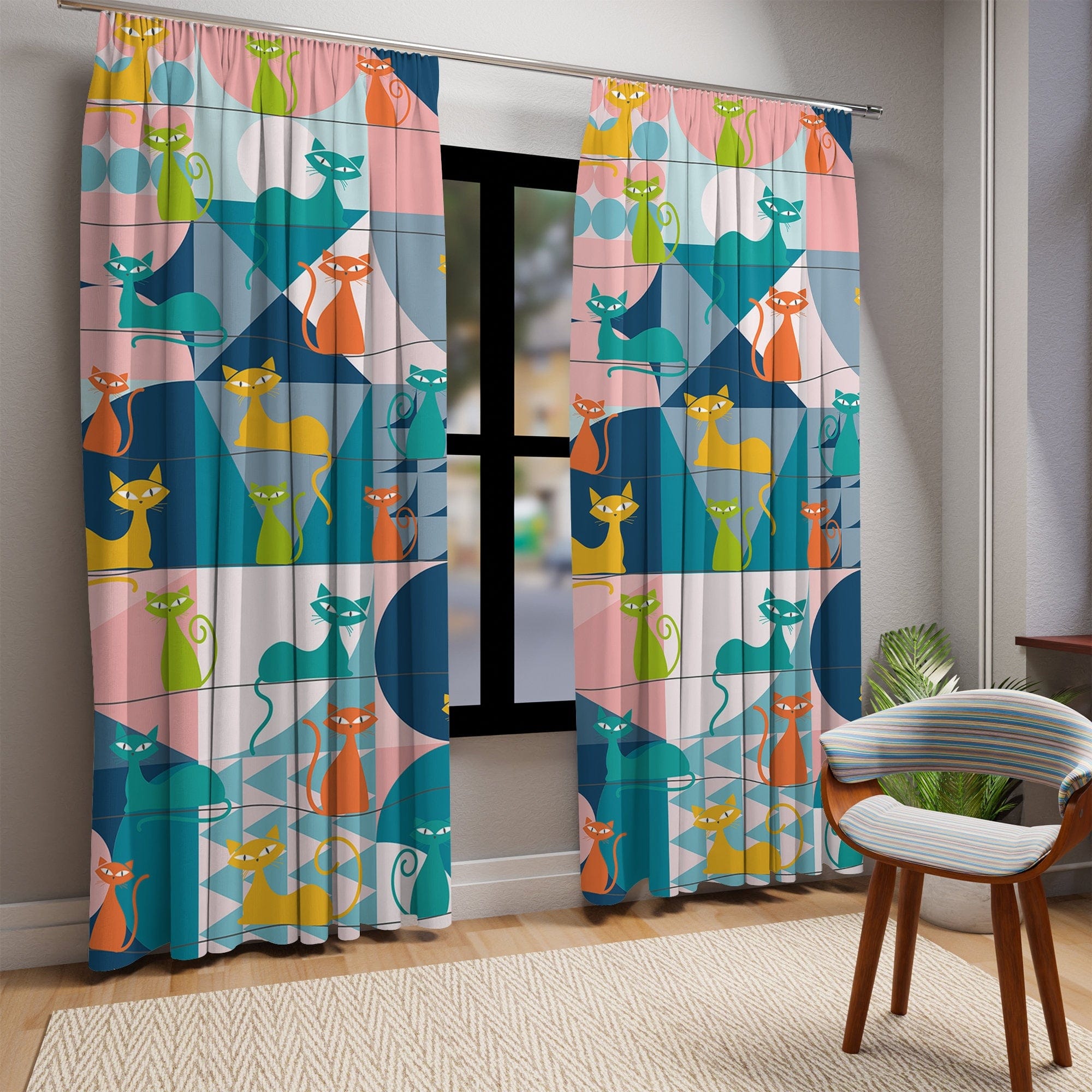 Kate McEnroe New York Mid Century Modern Atomic Kitschy Cats Window Curtain in Geometric Retro Teal, Pink, Orange, and Yellow, Sheer &amp; Blackout MCM Window PanelsWindow CurtainsW3D - COL - CAT - SH6