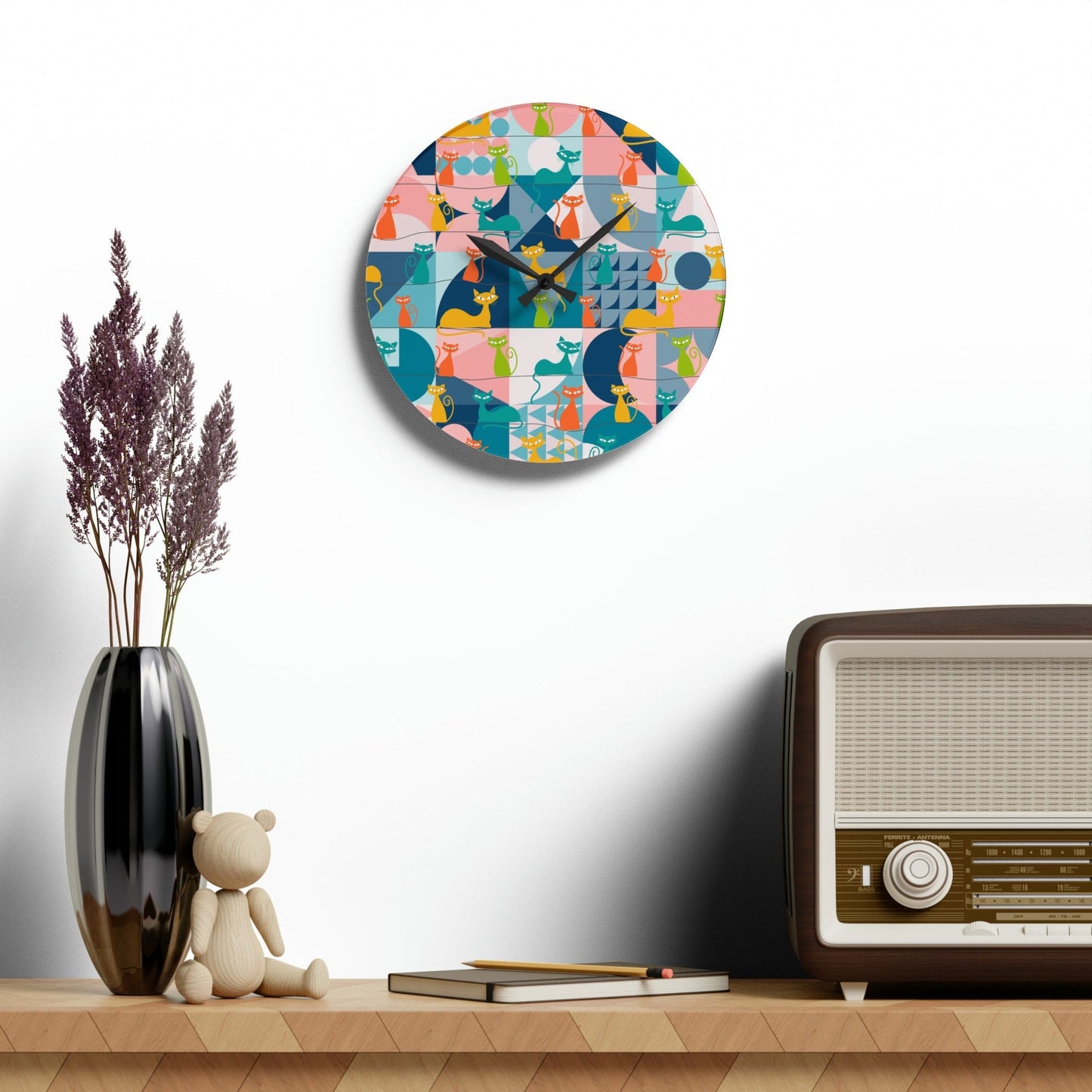 Kate McEnroe New York Mid Century Modern Atomic Kitties Acrylic Wall Clock, Retro MCM Living Room, Bedroom, Kids, Office Home Decor Wall Clocks 10.75'' × 10.75'' (Round) 96851657430505229212
