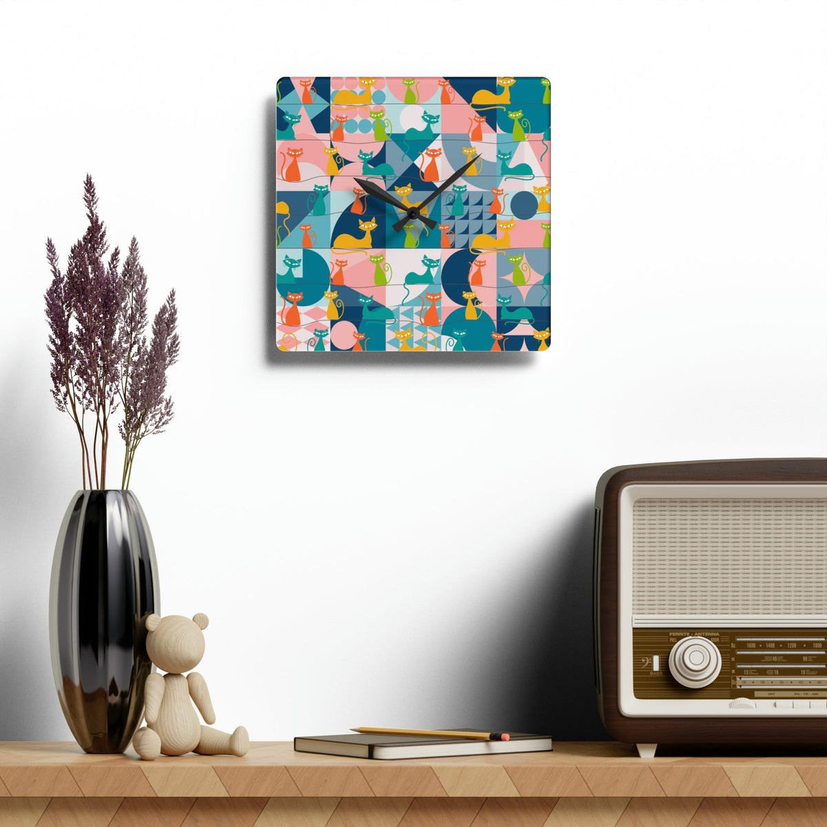 Kate McEnroe New York Mid Century Modern Atomic Kitties Acrylic Wall Clock, Retro MCM Living Room, Bedroom, Kids, Office Home DecorWall Clocks20923854722720044062