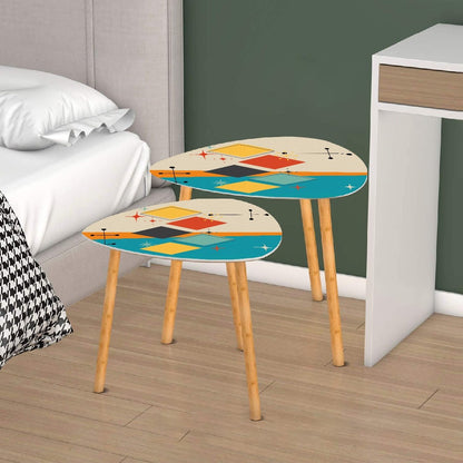 Kate McEnroe New York Mid Century Modern Atomic Nesting Tables, Retro Geometric Teal Orange Yellow Accent, 50s Space Age Coffee Table SetNesting TablesRMG53jHecl