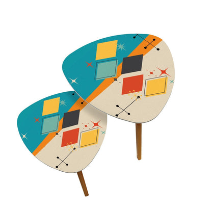 Kate McEnroe New York Mid Century Modern Atomic Nesting Tables, Retro Geometric Teal Orange Yellow Accent, 50s Space Age Coffee Table SetNesting TablesRMG53jHecl