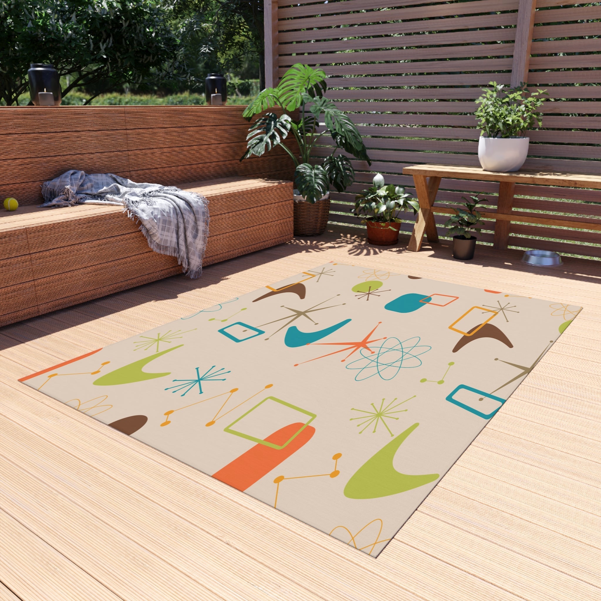 Mid Century Modern Atomic Outdoor Rug, Retro Boomerang Pattern Patio A ...