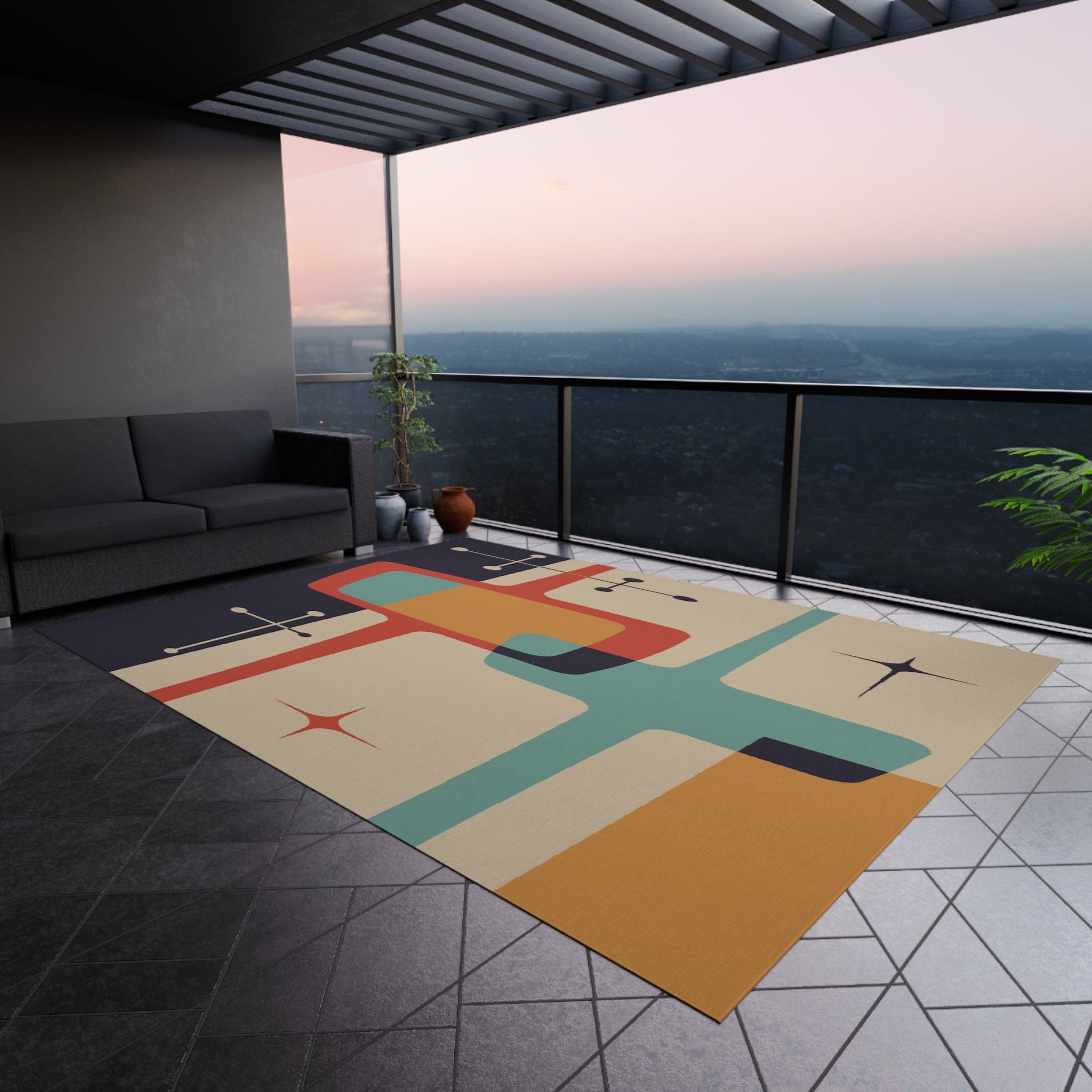 Kate McEnroe New York Mid Century Modern Atomic Starburst Indoor - Outdoor Rug, Beige, Teal, Geometric Abstract Porch Rug, Retro Patio Rug, MCM Home DecorRugs11903202464986607417