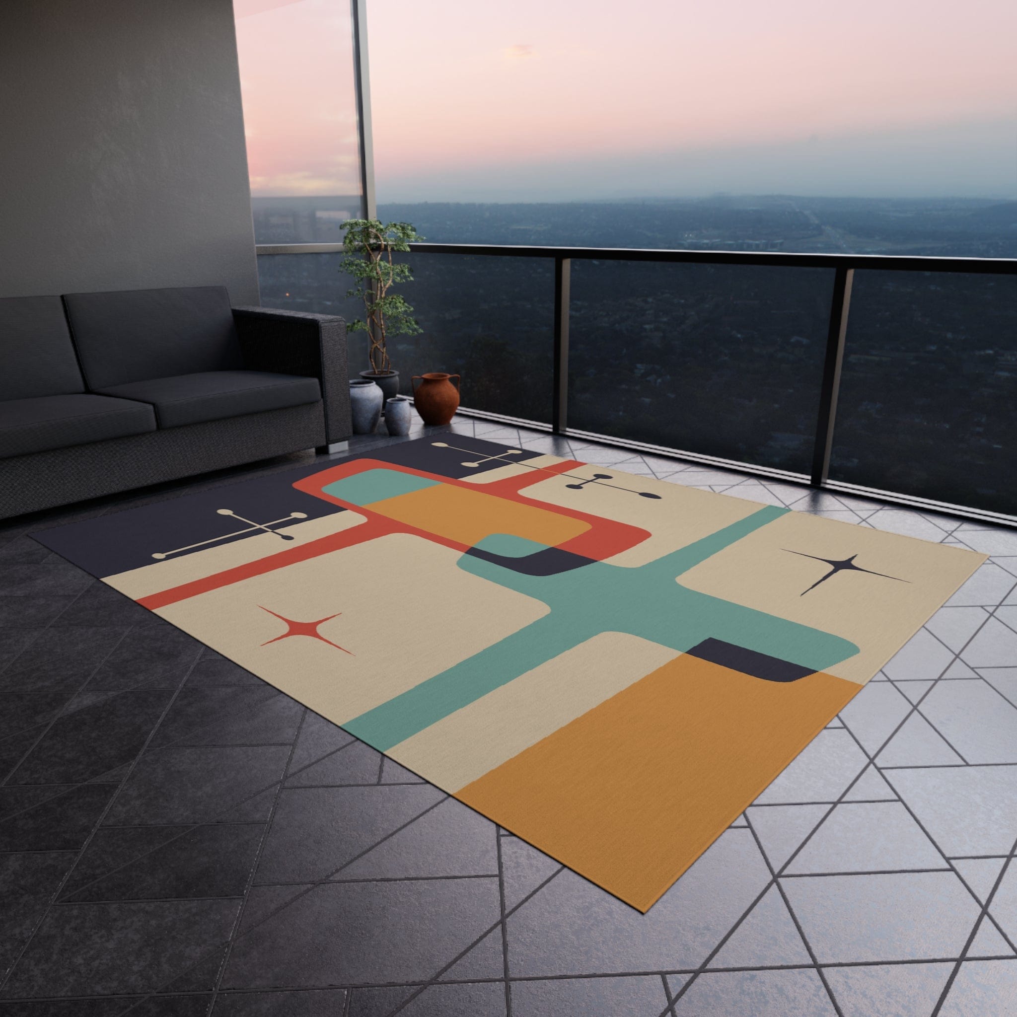 Kate McEnroe New York Mid Century Modern Atomic Starburst Indoor - Outdoor Rug, Beige, Teal, Geometric Abstract Porch Rug, Retro Patio Rug, MCM Home DecorRugs11903202464986607417