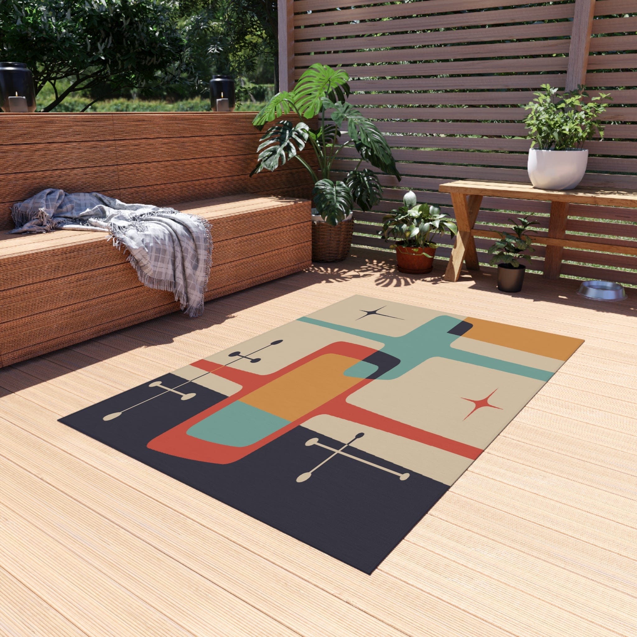 Kate McEnroe New York Mid Century Modern Atomic Starburst Indoor - Outdoor Rug, Beige, Teal, Geometric Abstract Porch Rug, Retro Patio Rug, MCM Home DecorRugs11903202464986607417