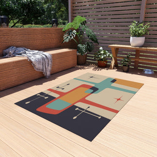 Mid Century Modern Atomic Starburst Indoor-Outdoor Rug, Beige, Teal, G ...