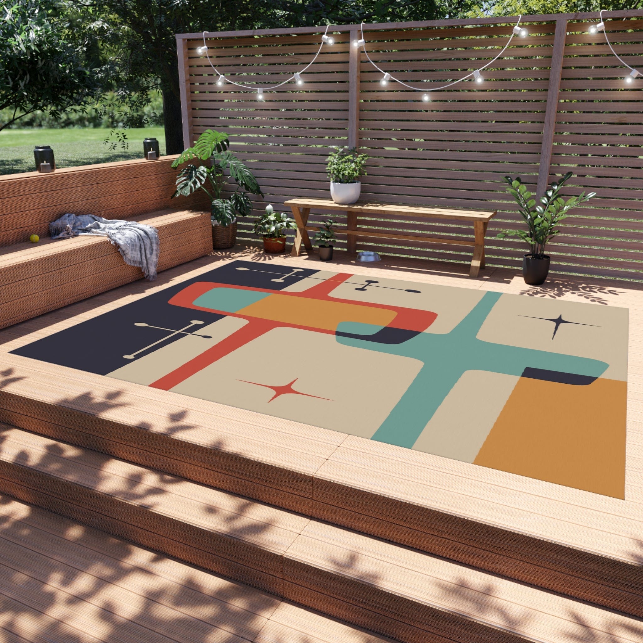 Mid Century Modern Atomic Starburst Indoor-Outdoor Rug, Beige, Teal, G ...
