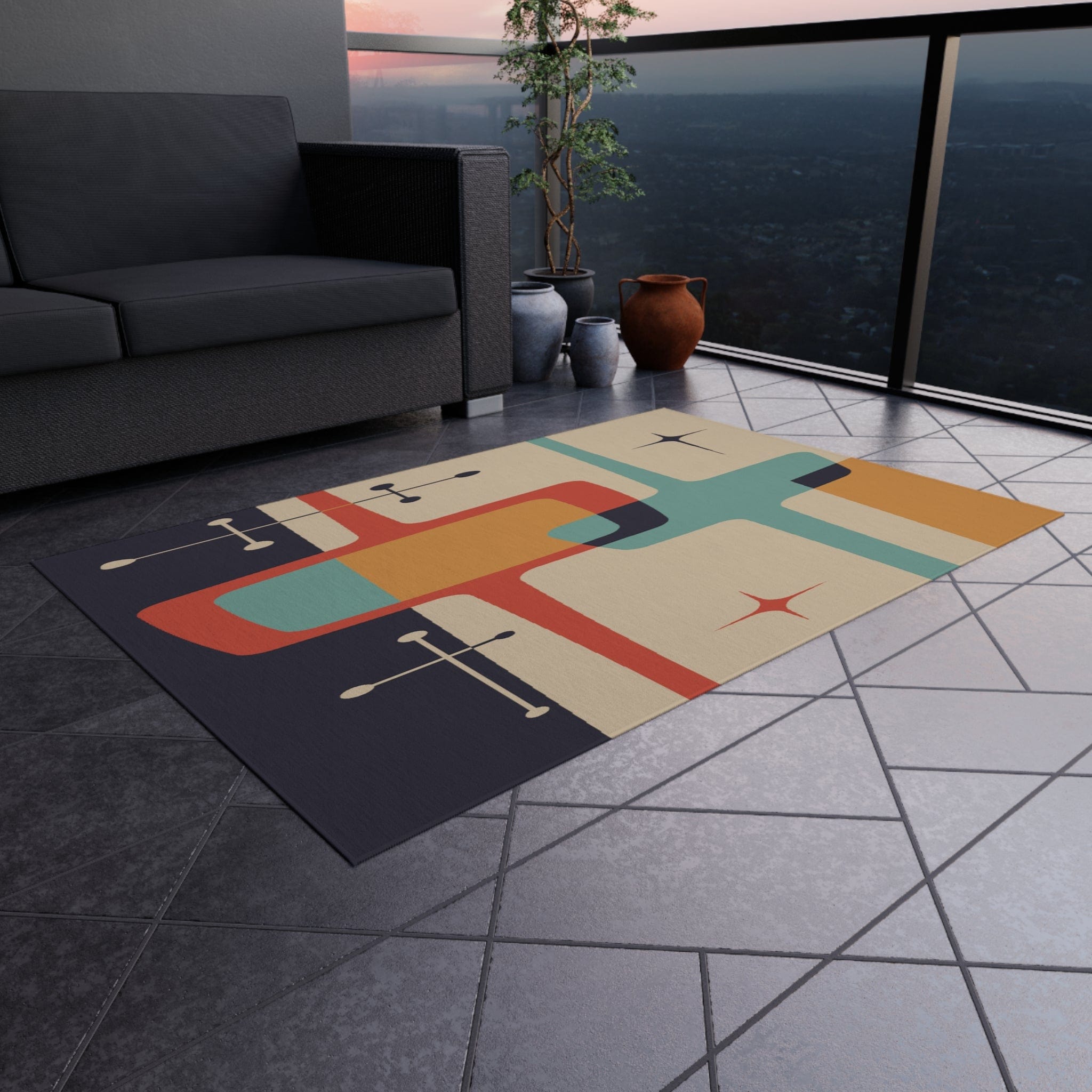 Kate McEnroe New York Mid Century Modern Atomic Starburst Indoor - Outdoor Rug, Beige, Teal, Geometric Abstract Porch Rug, Retro Patio Rug, MCM Home DecorRugs11903202464986607417