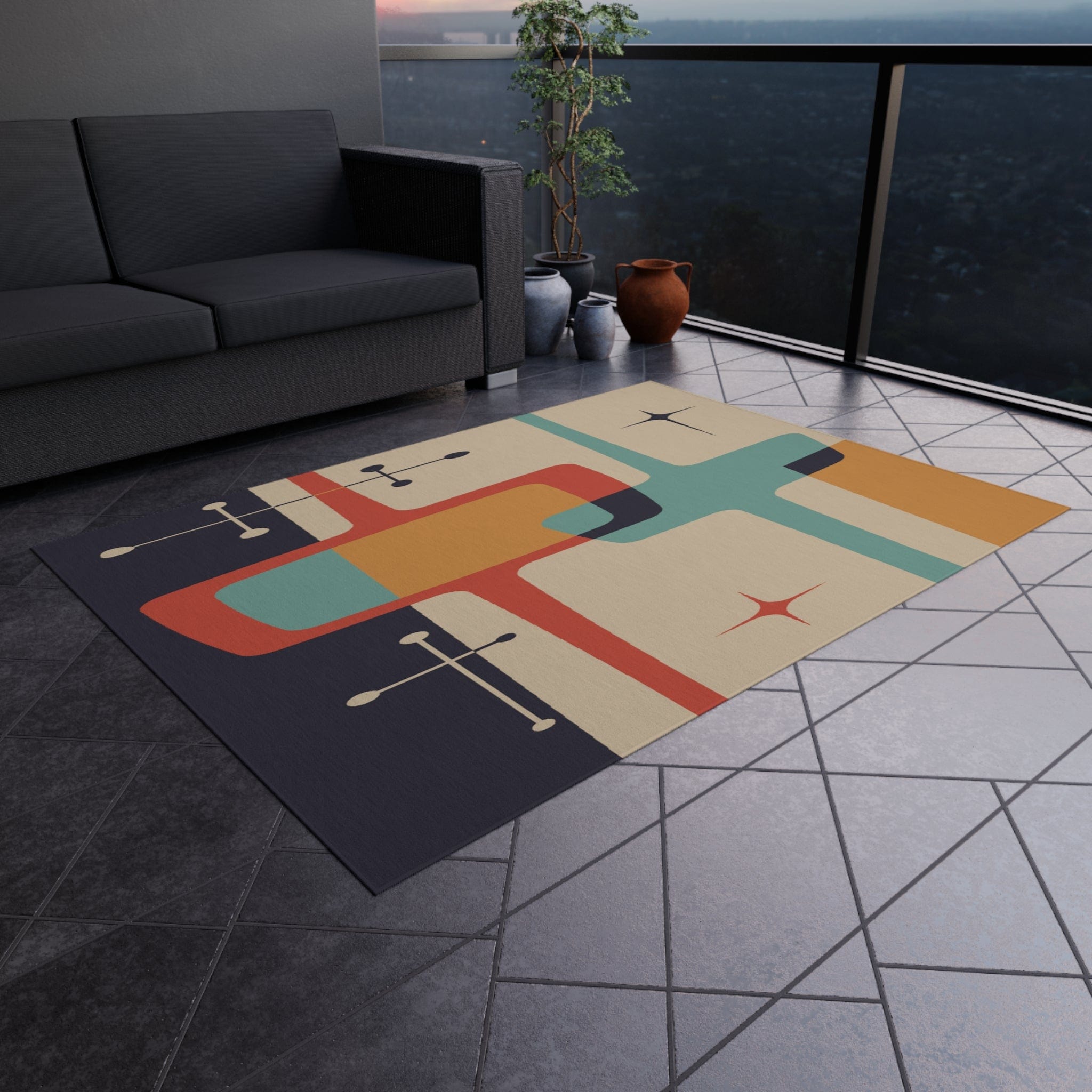 Kate McEnroe New York Mid Century Modern Atomic Starburst Indoor - Outdoor Rug, Beige, Teal, Geometric Abstract Porch Rug, Retro Patio Rug, MCM Home DecorRugs11903202464986607417