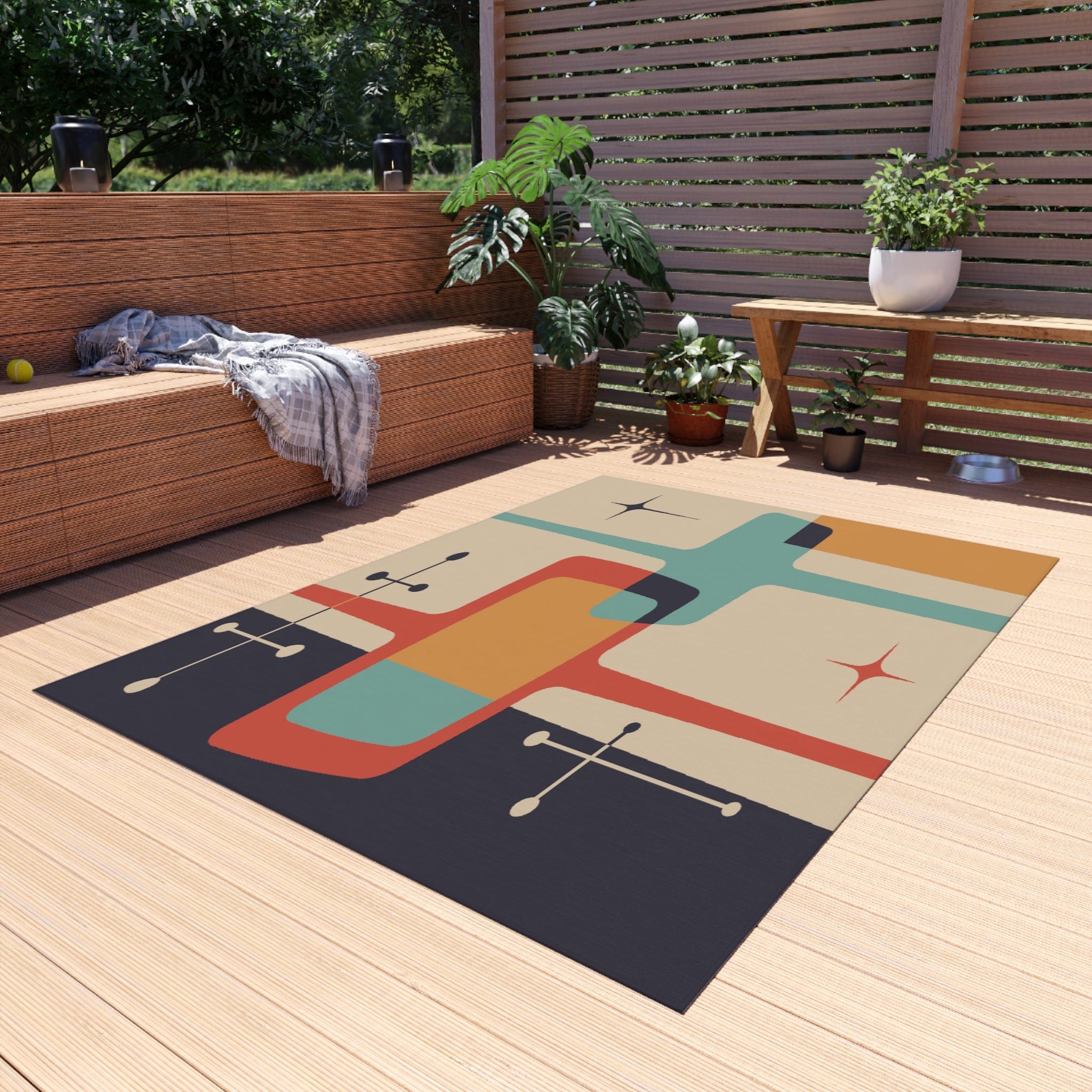 Kate McEnroe New York Mid Century Modern Atomic Starburst Indoor - Outdoor Rug, Beige, Teal, Geometric Abstract Porch Rug, Retro Patio Rug, MCM Home DecorRugs11903202464986607417