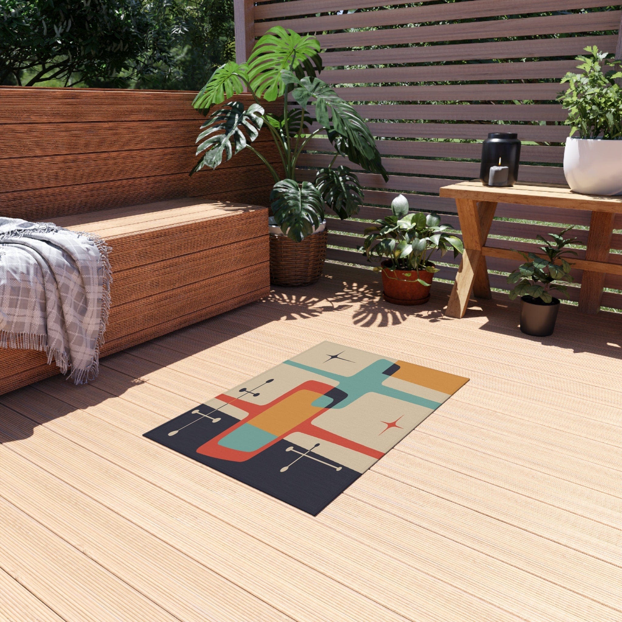 Kate McEnroe New York Mid Century Modern Atomic Starburst Indoor - Outdoor Rug, Beige, Teal, Geometric Abstract Porch Rug, Retro Patio Rug, MCM Home DecorRugs11903202464986607417