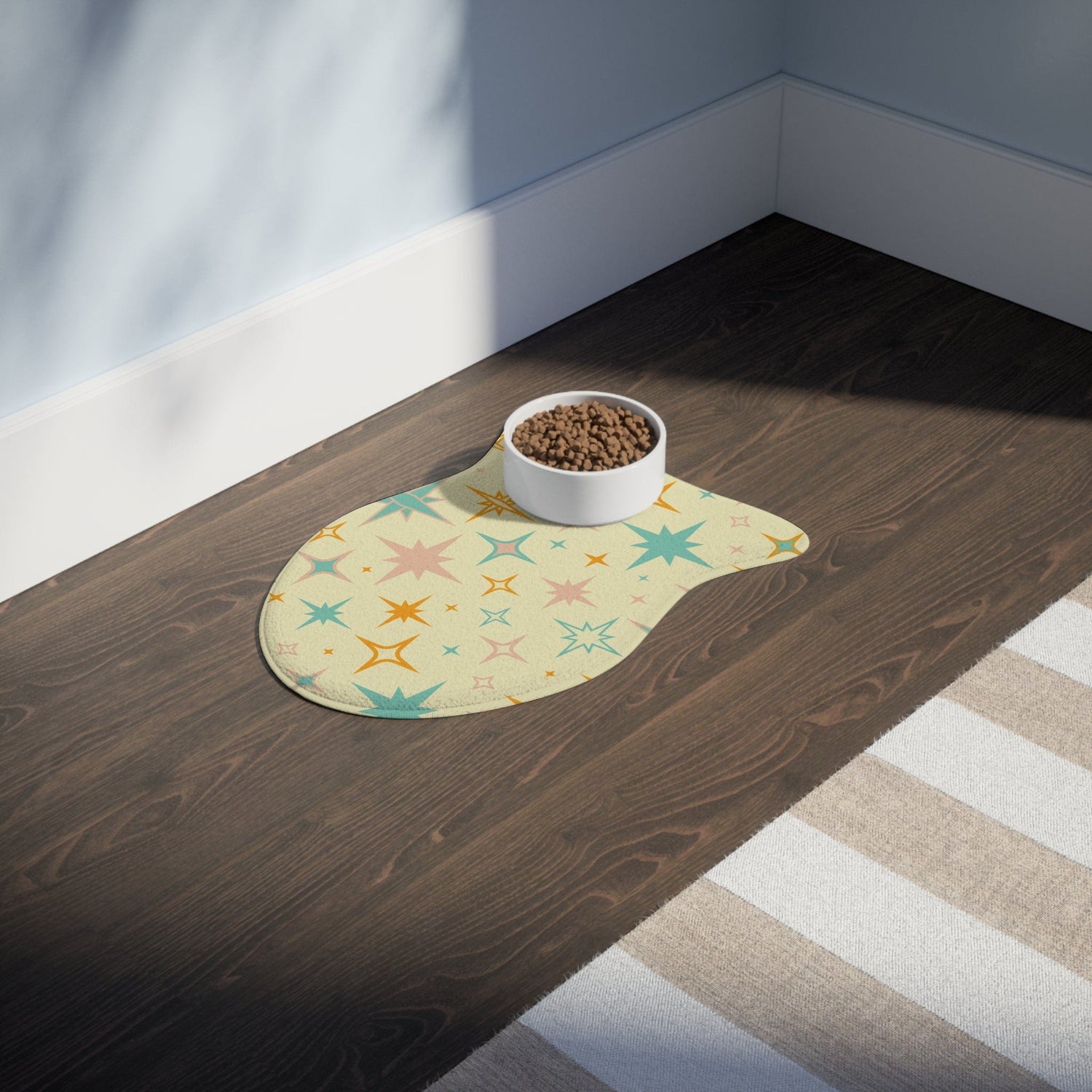 Kate McEnroe New York Mid Century Modern Atomic Starburst Pet Feeding Mats, Retro Bone and Fish Shape Cat and Dog Non - Slip, Highly Absorbent Feeding MatsPet Feeding Mats31055759463627191841