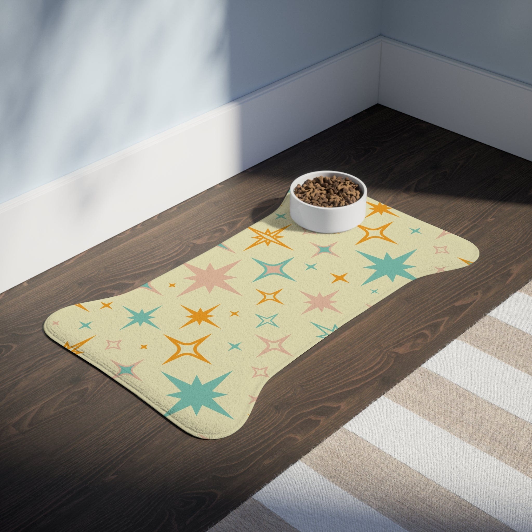 Kate McEnroe New York Mid Century Modern Atomic Starburst Pet Feeding Mats, Retro Bone and Fish Shape Cat and Dog Non - Slip, Highly Absorbent Feeding MatsPet Feeding Mats31055759463627191841