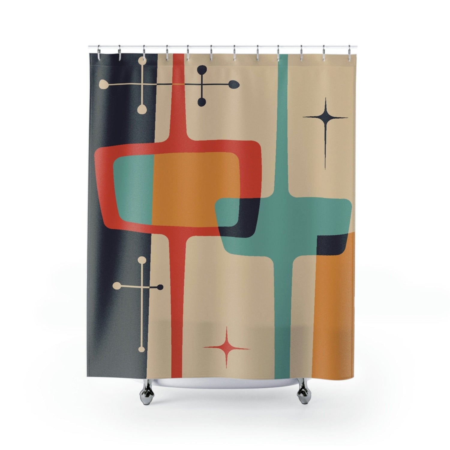 Kate McEnroe New York Mid Century Modern Atomic Starburst Shower Curtains, Geometric Teal Blue, Mustard Yellow, Cream MCM Bath Curtains, Retro BathroomShower CurtainsSC - ATO - STA - 7X7