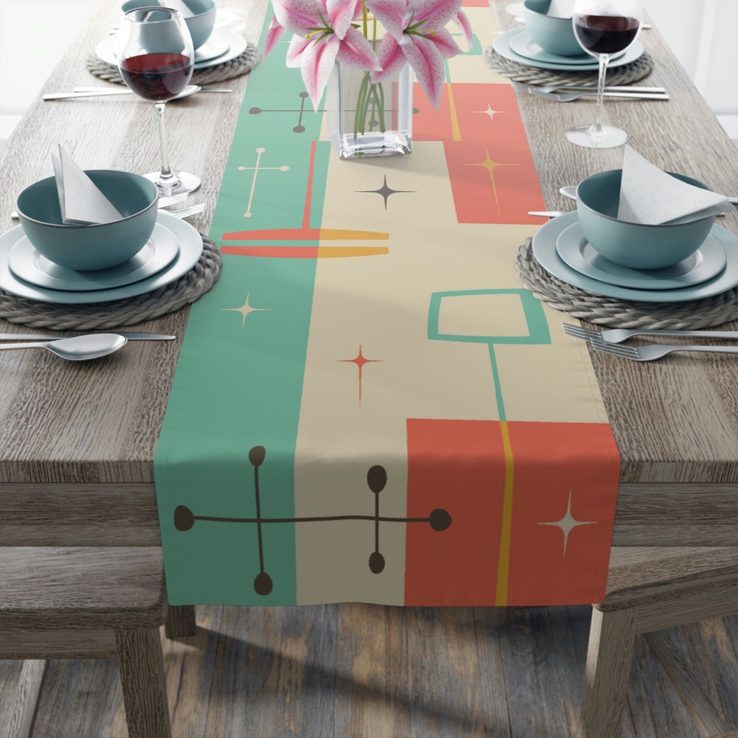 Kate McEnroe New York Mid Century Modern Atomic Starburst Table Runner, Retro Geometric Abstract Teal, Burnt Orange Cream, Mustard Yellow Cotton, Poly Table DecorTable Runners18620763875100869247