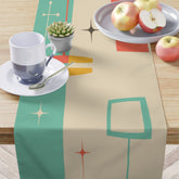 Kate McEnroe New York Mid Century Modern Atomic Starburst Table Runner, Retro Geometric Abstract Teal, Burnt Orange Cream, Mustard Yellow Cotton, Poly Table DecorTable Runners18620763875100869247