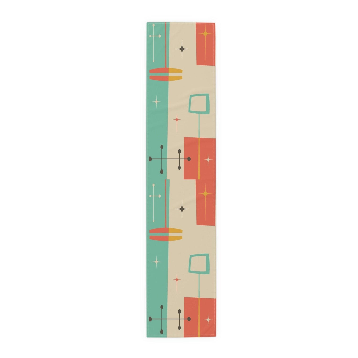 Kate McEnroe New York Mid Century Modern Atomic Starburst Table Runner, Retro Geometric Abstract Teal, Burnt Orange Cream, Mustard Yellow Cotton, Poly Table DecorTable Runners18620763875100869247