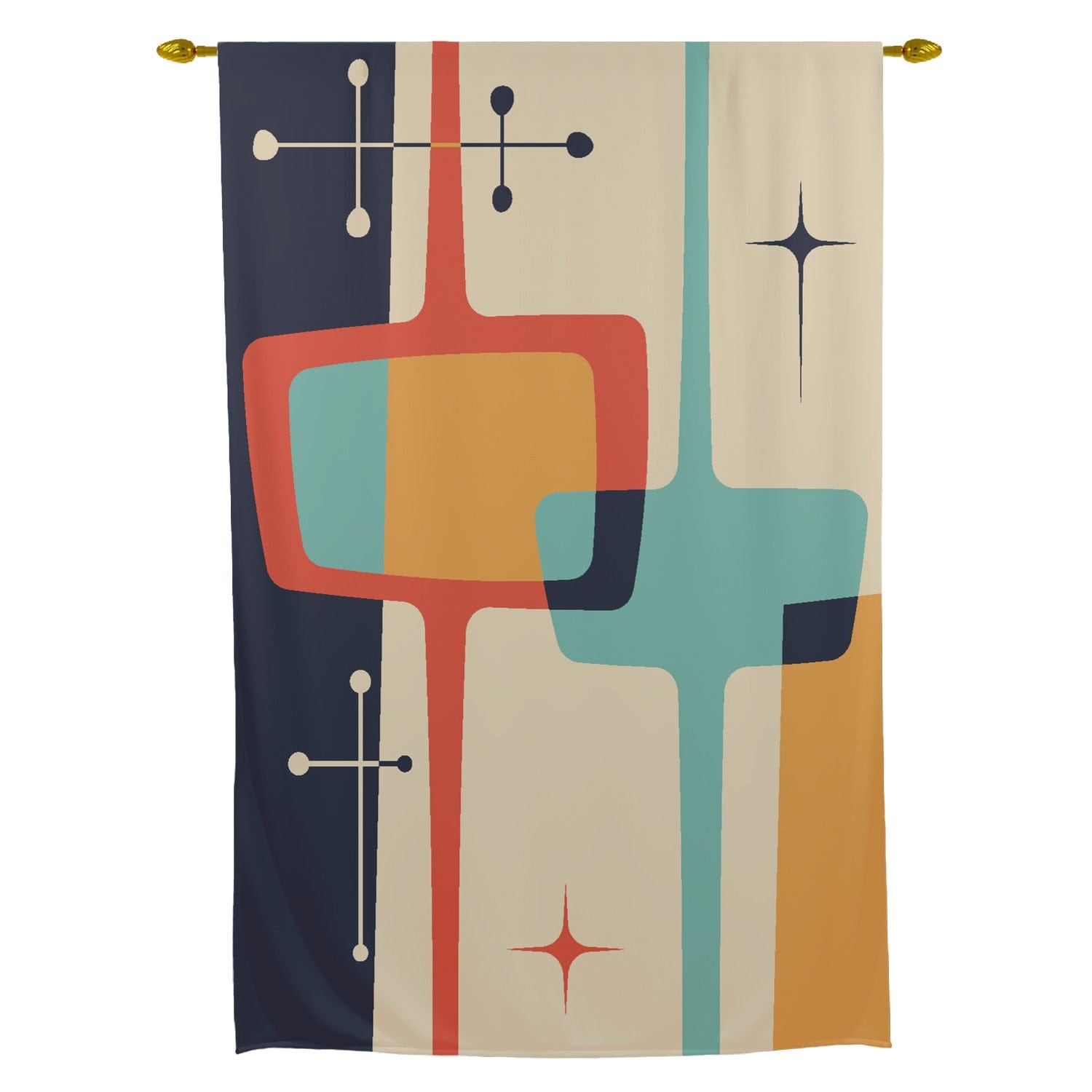 Kate McEnroe New York Mid Century Modern Atomic Starburst Tie Up Curtain in Retro Cream, Teal, Mustard Yellow, and OrangeTie - up Curtains77151