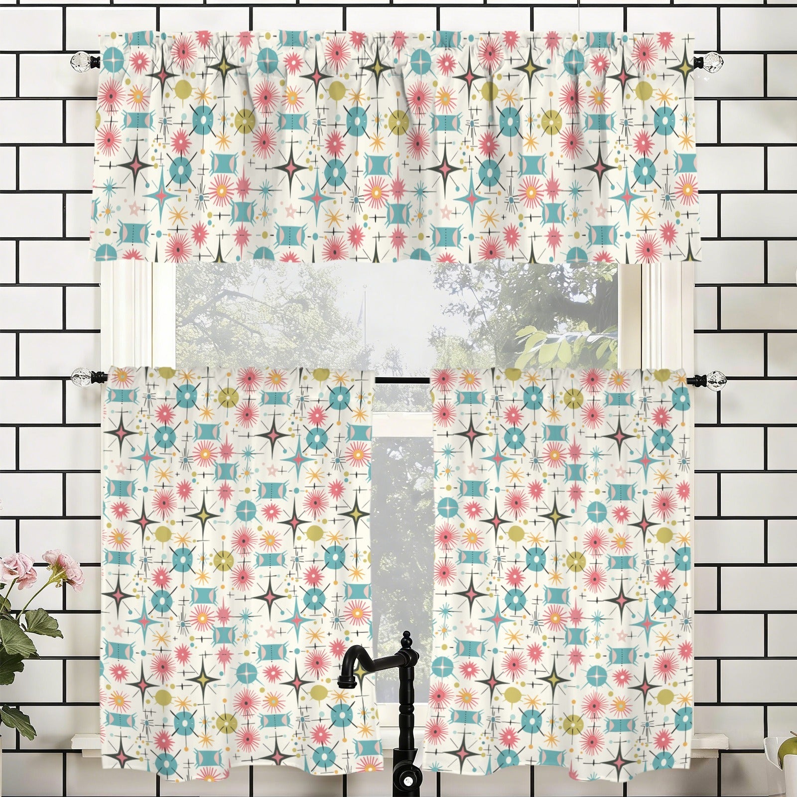 Kate McEnroe New York Mid Century Modern Atomic Starburst Tier and Valance Curtain SetValancesD3371997