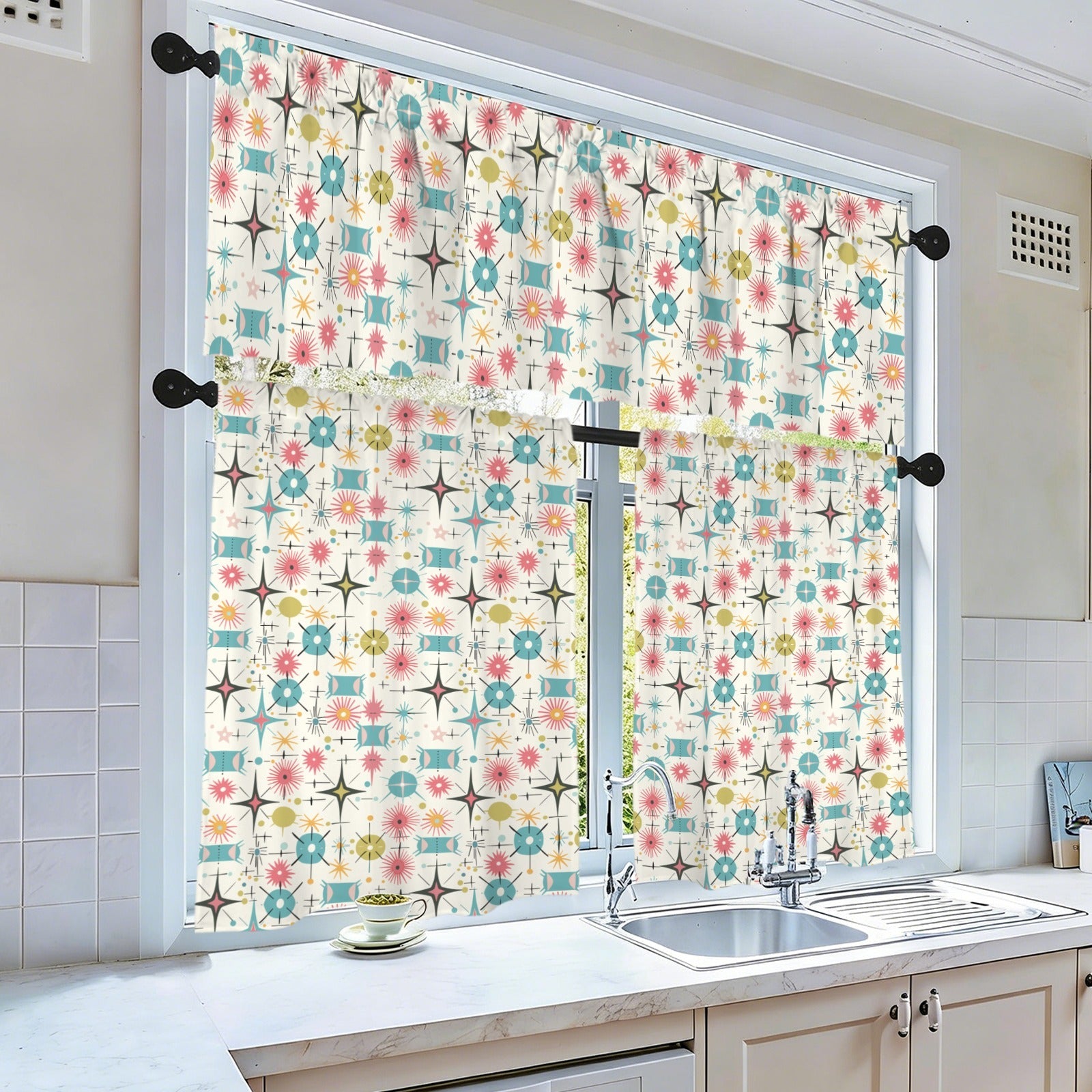 Kate McEnroe New York Mid Century Modern Atomic Starburst Tier and Valance Curtain SetValancesD3371997