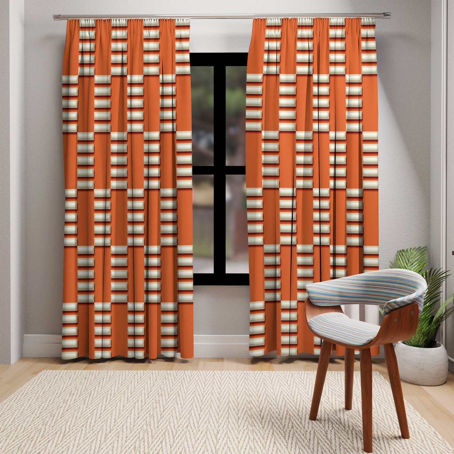 Mid Century Modern Bold Orange and Beige Window Curtain