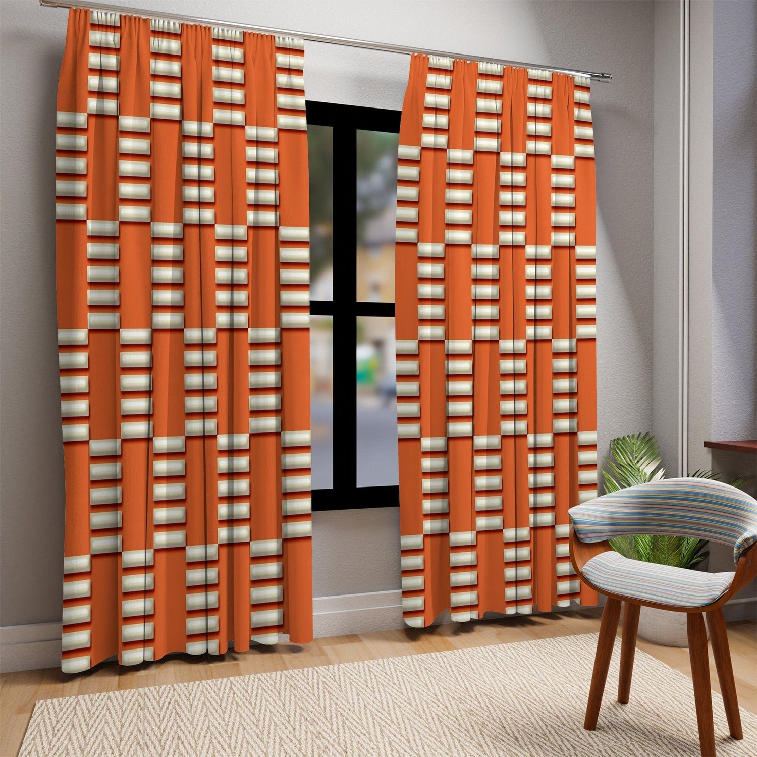 Mid Century Modern Bold Orange and Beige Window Curtain