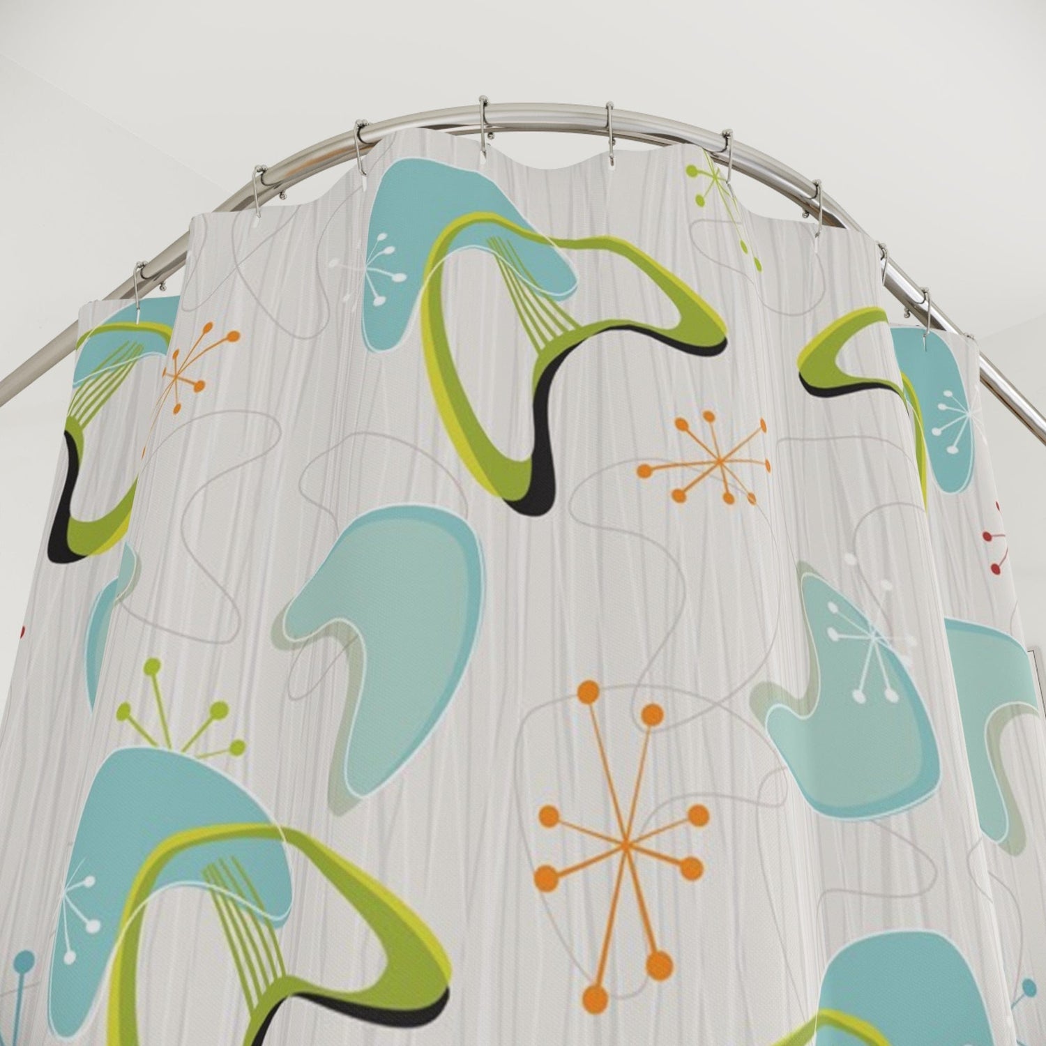 Kate McEnroe New York Mid Century Modern Boomerang Shower Curtain, Retro Aqua Blue, Lime Green, Orange, Silver Starburst Bathroom Decor, Retro Bath Curtains Shower Curtains