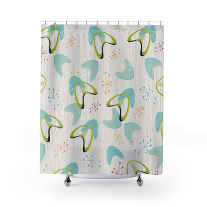 Kate McEnroe New York Mid Century Modern Boomerang Shower Curtain, Retro Aqua Blue, Lime Green, Orange, Silver Starburst Bathroom Decor, Retro Bath CurtainsShower CurtainsS40 - BOM - GBL - 7x7