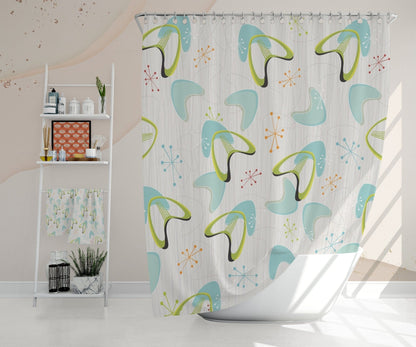 Kate McEnroe New York Mid Century Modern Boomerang Shower Curtain, Retro Aqua Blue, Lime Green, Orange, Silver Starburst Bathroom Decor, Retro Bath CurtainsShower CurtainsS40 - BOM - GBL - 7x7