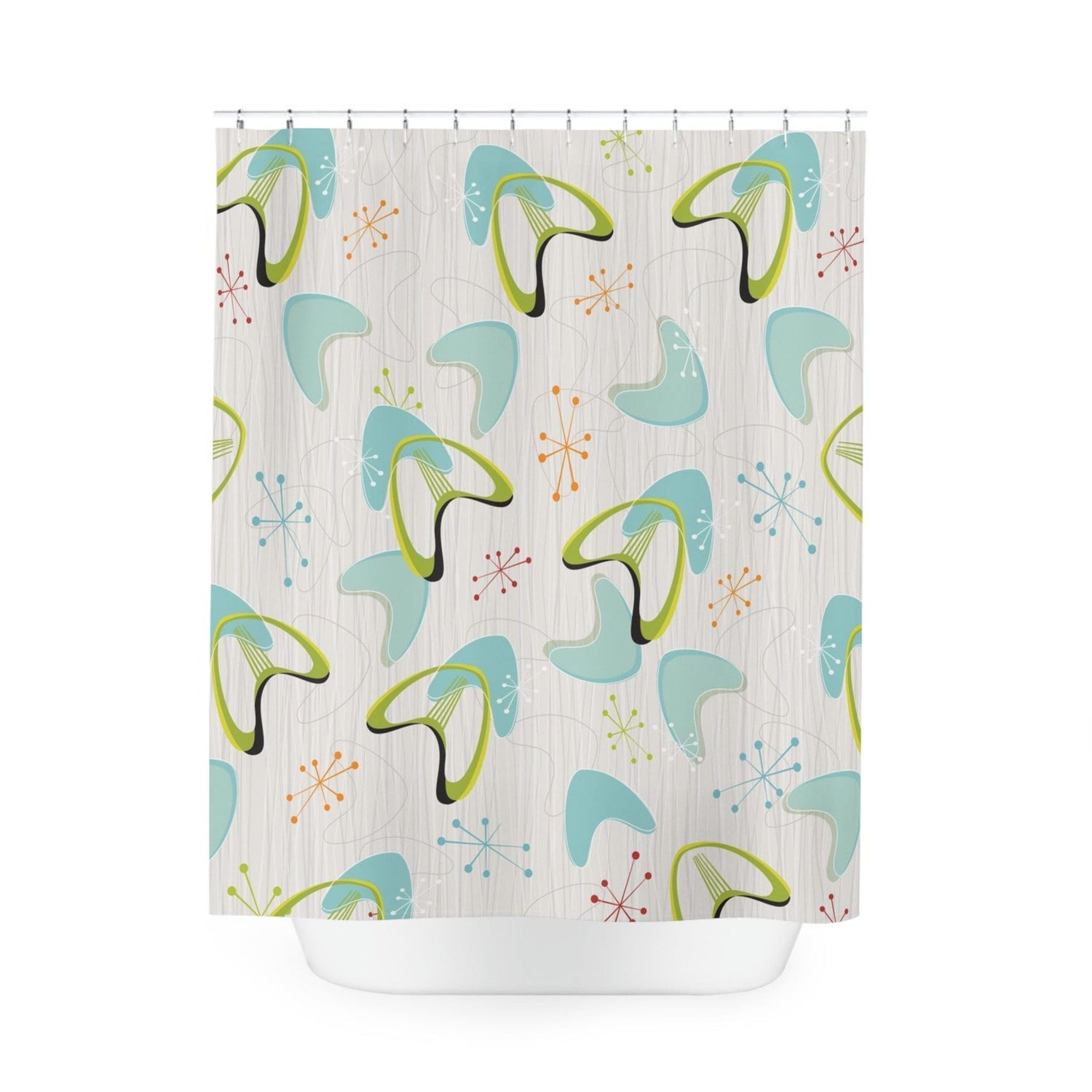 Kate McEnroe New York Mid Century Modern Boomerang Shower Curtain, Retro Aqua Blue, Lime Green, Orange, Silver Starburst Bathroom Decor, Retro Bath CurtainsShower CurtainsS40 - BOM - GBL - 7x7