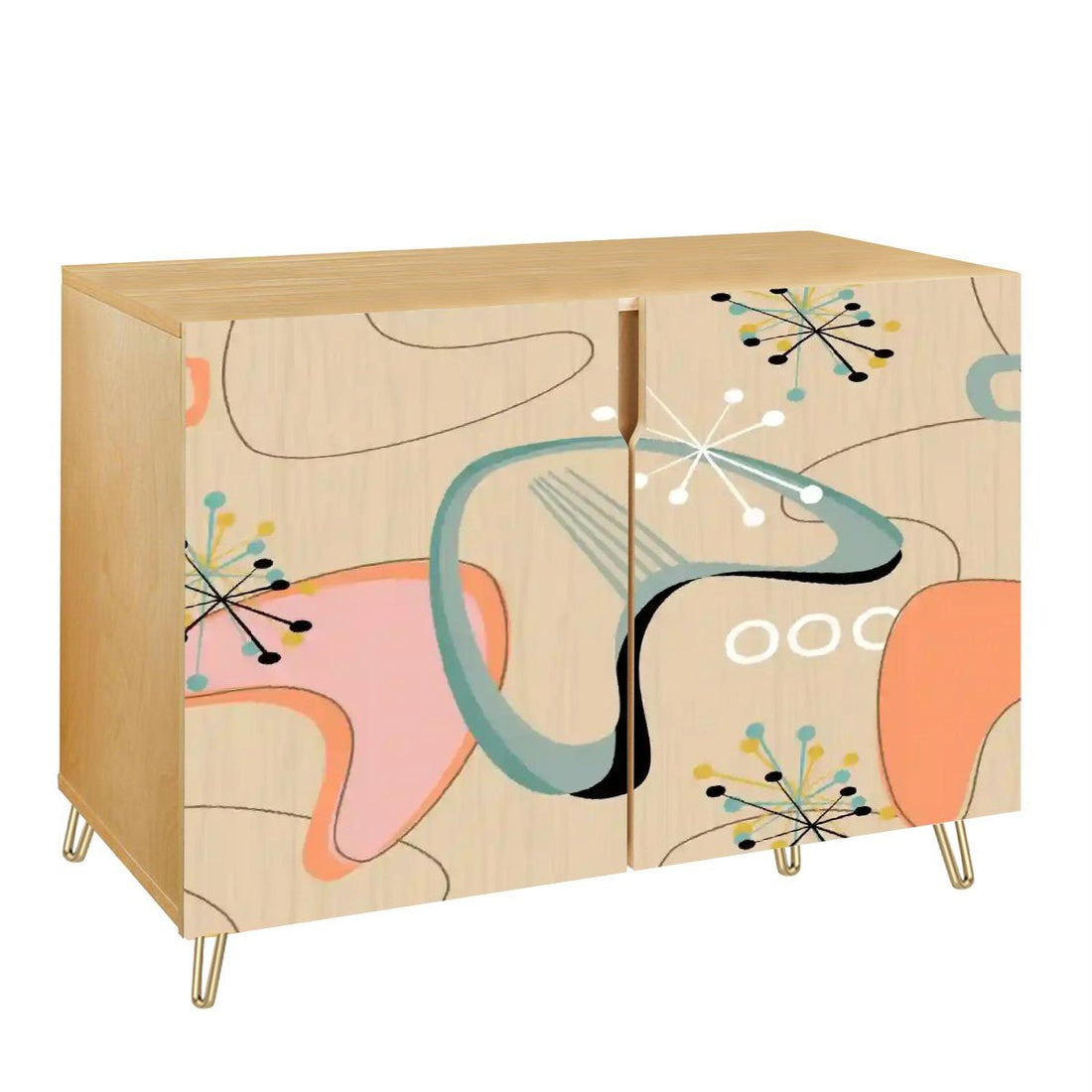 Kate McEnroe New York Mid Century Modern Boomerang Starburst Cabinet, Retro Atomic Age Credenza, MCM Storage in Peach Aqua BlackStorage Cabinets6p13mirNQx