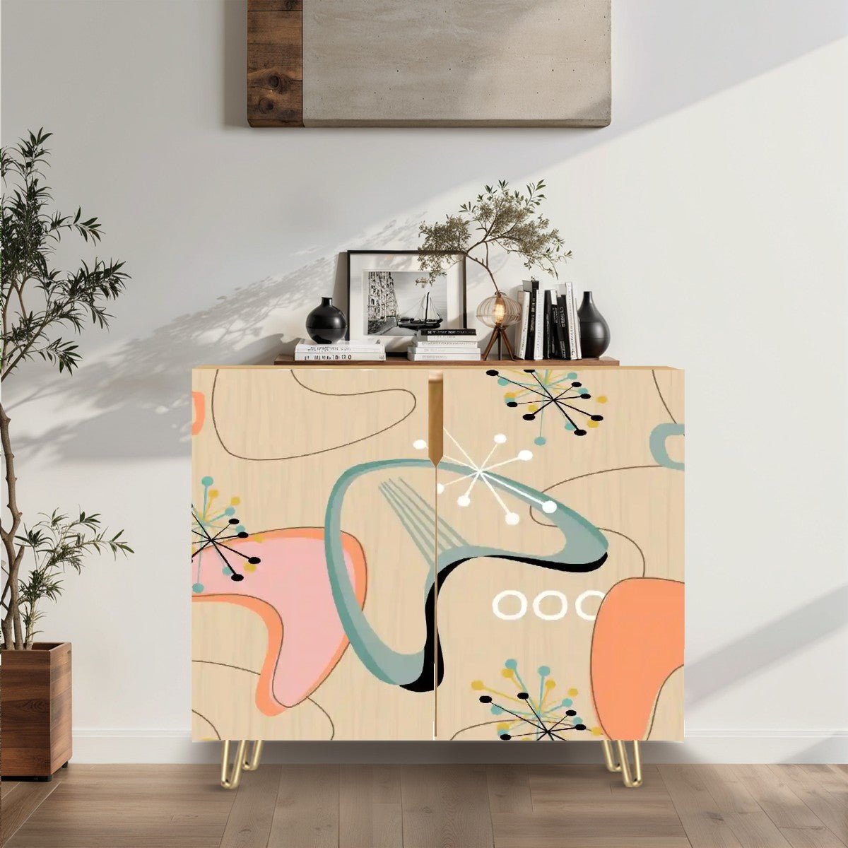 Kate McEnroe New York Mid Century Modern Boomerang Starburst Cabinet, Retro Atomic Age Credenza, MCM Storage in Peach Aqua BlackStorage Cabinets6p13mirNQx