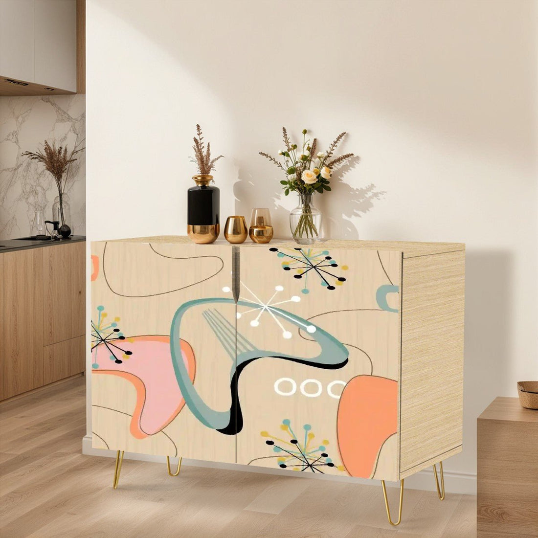 Kate McEnroe New York Mid Century Modern Boomerang Starburst Cabinet, Retro Atomic Age Credenza, MCM Storage in Peach Aqua BlackStorage Cabinets6p13mirNQx