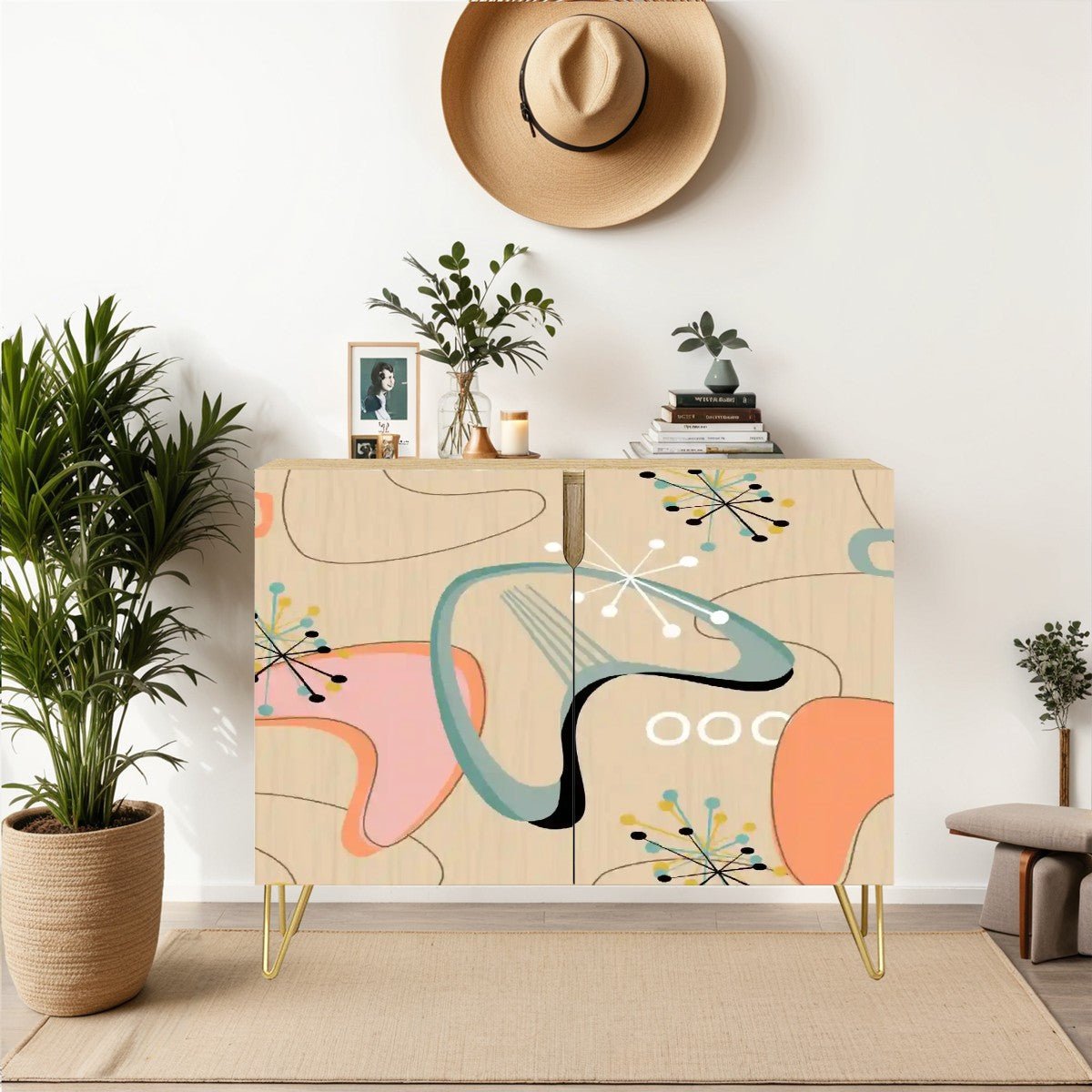 Kate McEnroe New York Mid Century Modern Boomerang Starburst Cabinet, Retro Atomic Age Credenza, MCM Storage in Peach Aqua BlackStorage Cabinets6p13mirNQx