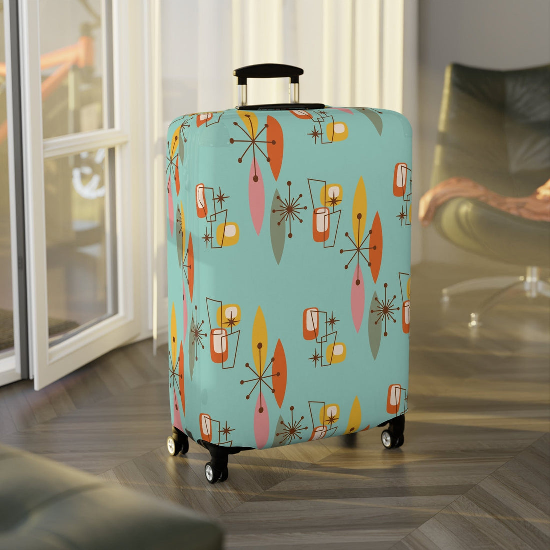 Printify Mid Century Modern Boomerang Starburst Luggage Cover, Retro MCM Travel Accessory Accessories 28&