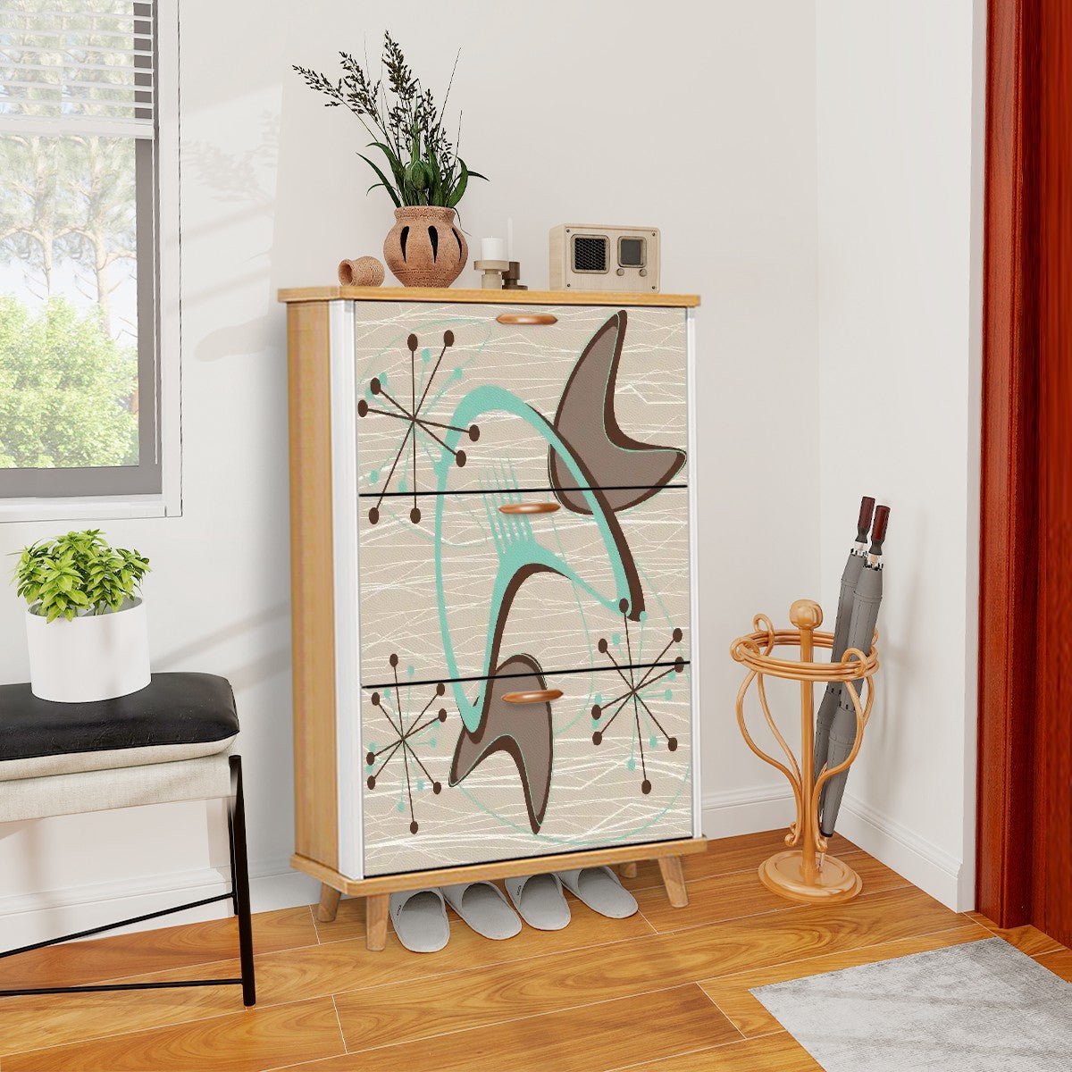 Kate McEnroe New York Mid Century Modern Boomerang Starburst Shoe Cabinet, Retro 50s Atomic Age Storage OrganizerShoe StorageZaaUSZpZCd
