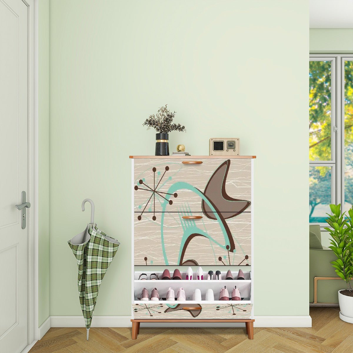 Kate McEnroe New York Mid Century Modern Boomerang Starburst Shoe Cabinet, Retro 50s Atomic Age Storage OrganizerShoe StorageZaaUSZpZCd
