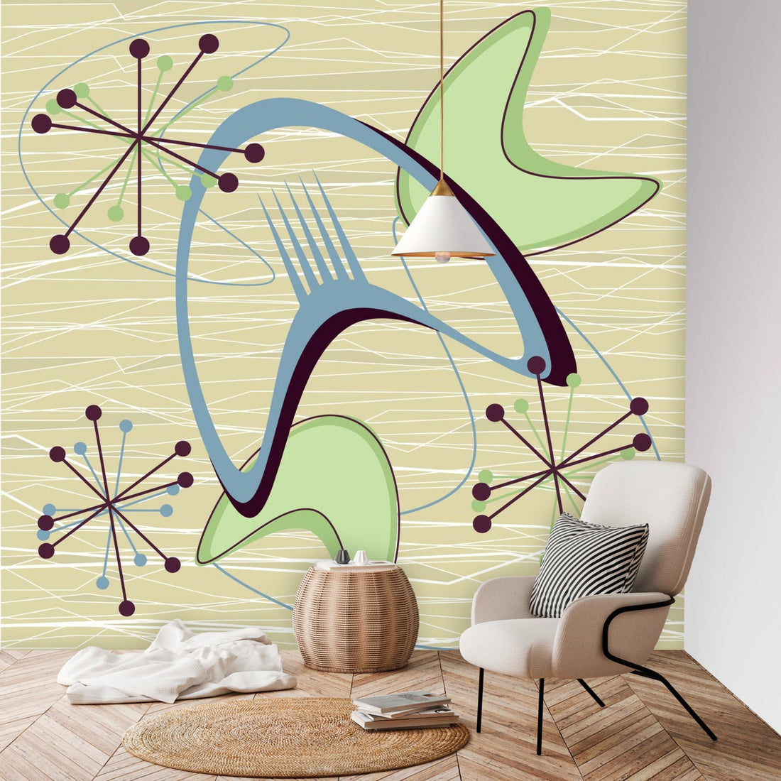 Kate McEnroe New York Mid Century Modern Boomerang Wall Mural, Retro Atomic Starburst Peel and Stick Wallpaper, Green Blue Beige 50s DecorWall Mural127768