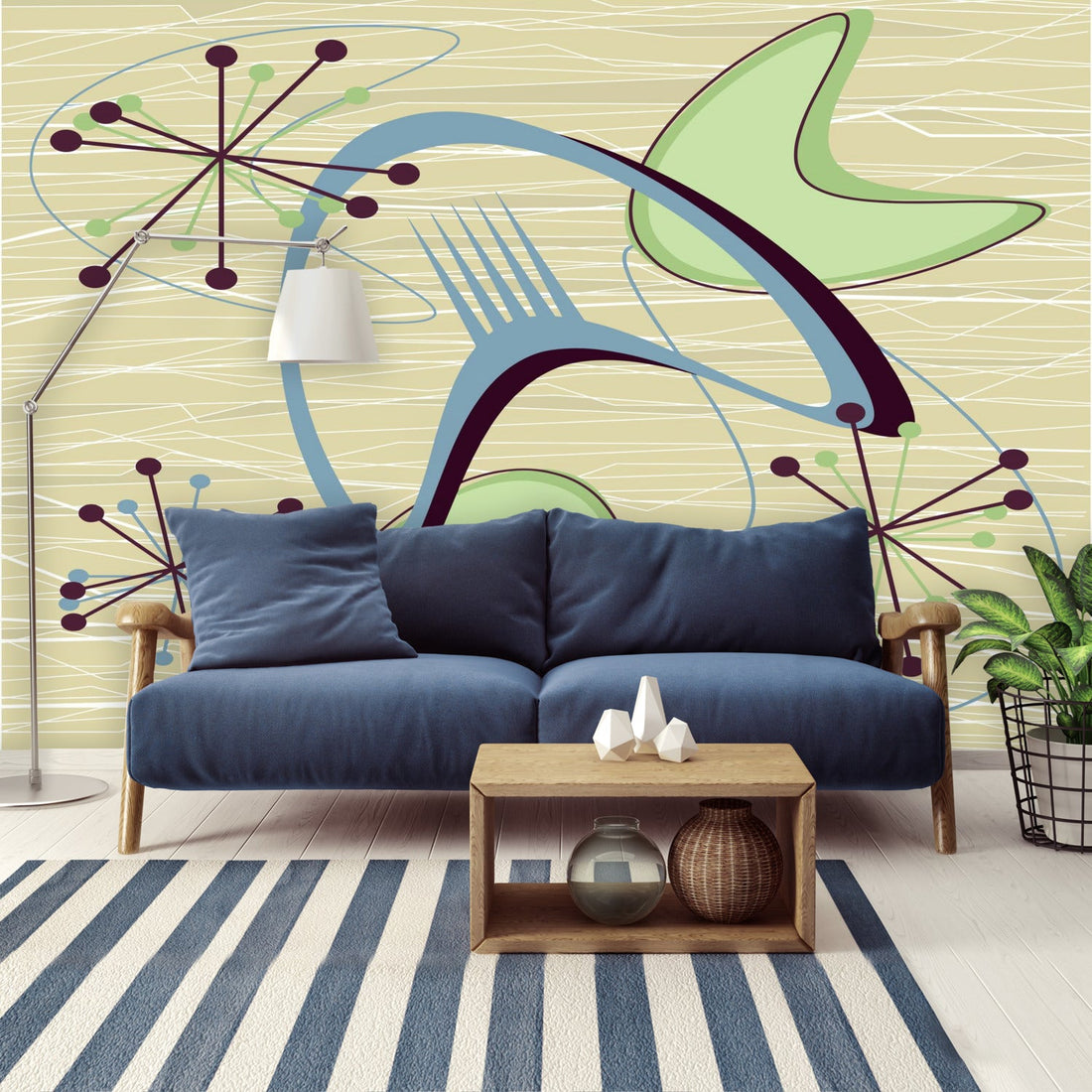 Kate McEnroe New York Mid Century Modern Boomerang Wall Mural, Retro Atomic Starburst Peel and Stick Wallpaper, Green Blue Beige 50s DecorWall Mural127769