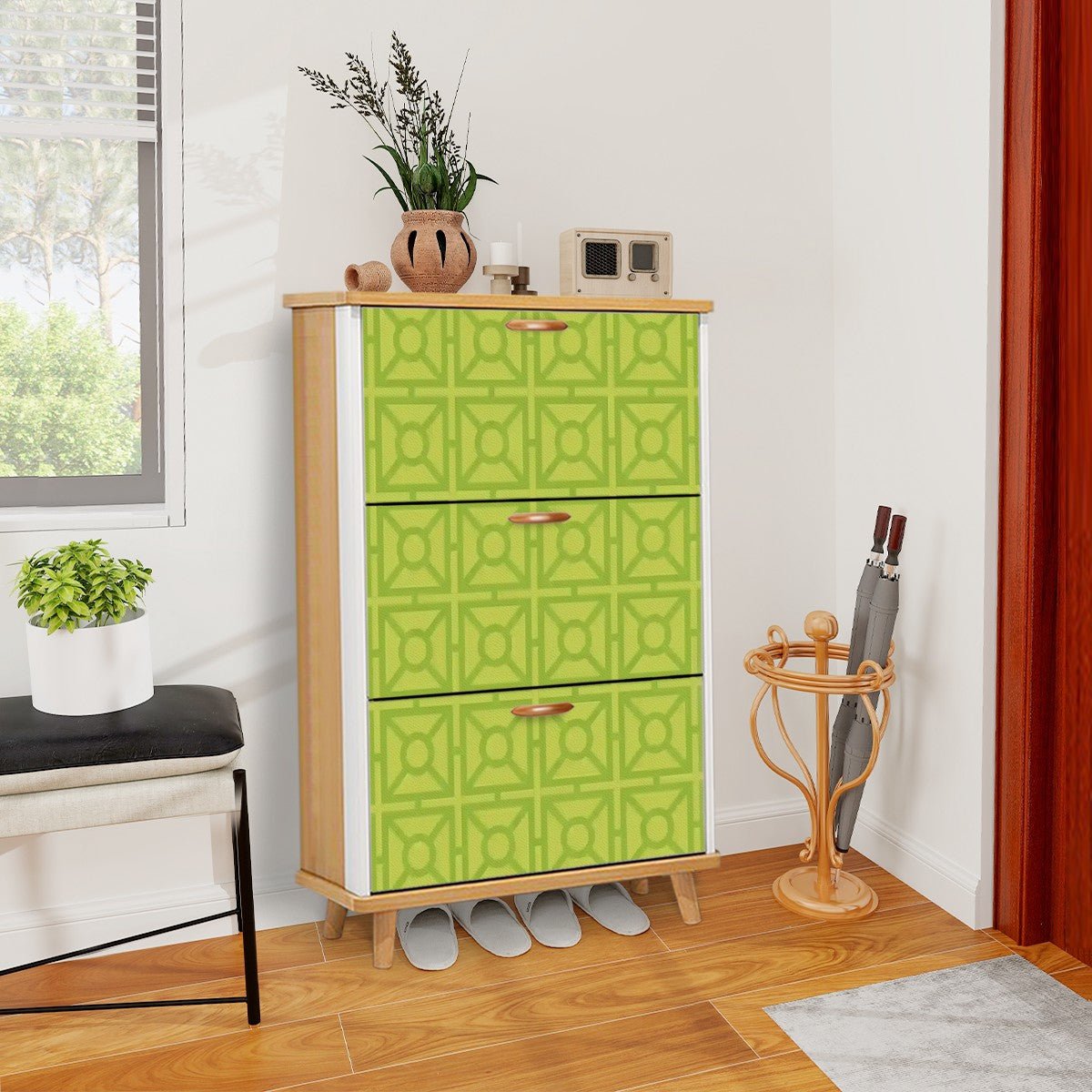 Kate McEnroe New York Mid Century Modern Breeze Block Shoe Cabinet, Retro Green Geometric Storage, MCM 3 - Tier OrganizerShoe StorageZ8VXWxdOv6
