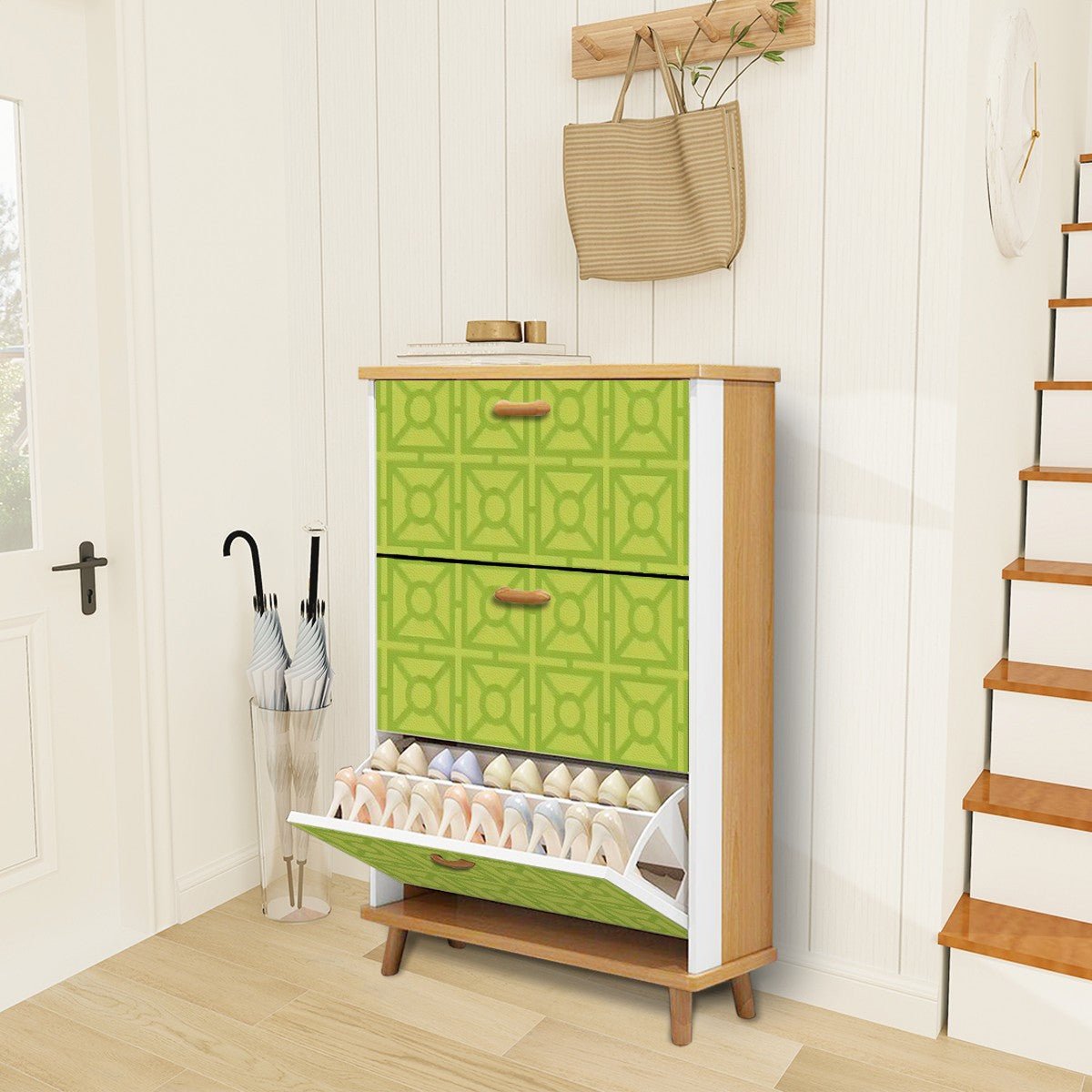 Kate McEnroe New York Mid Century Modern Breeze Block Shoe Cabinet, Retro Green Geometric Storage, MCM 3 - Tier OrganizerShoe StorageZ8VXWxdOv6